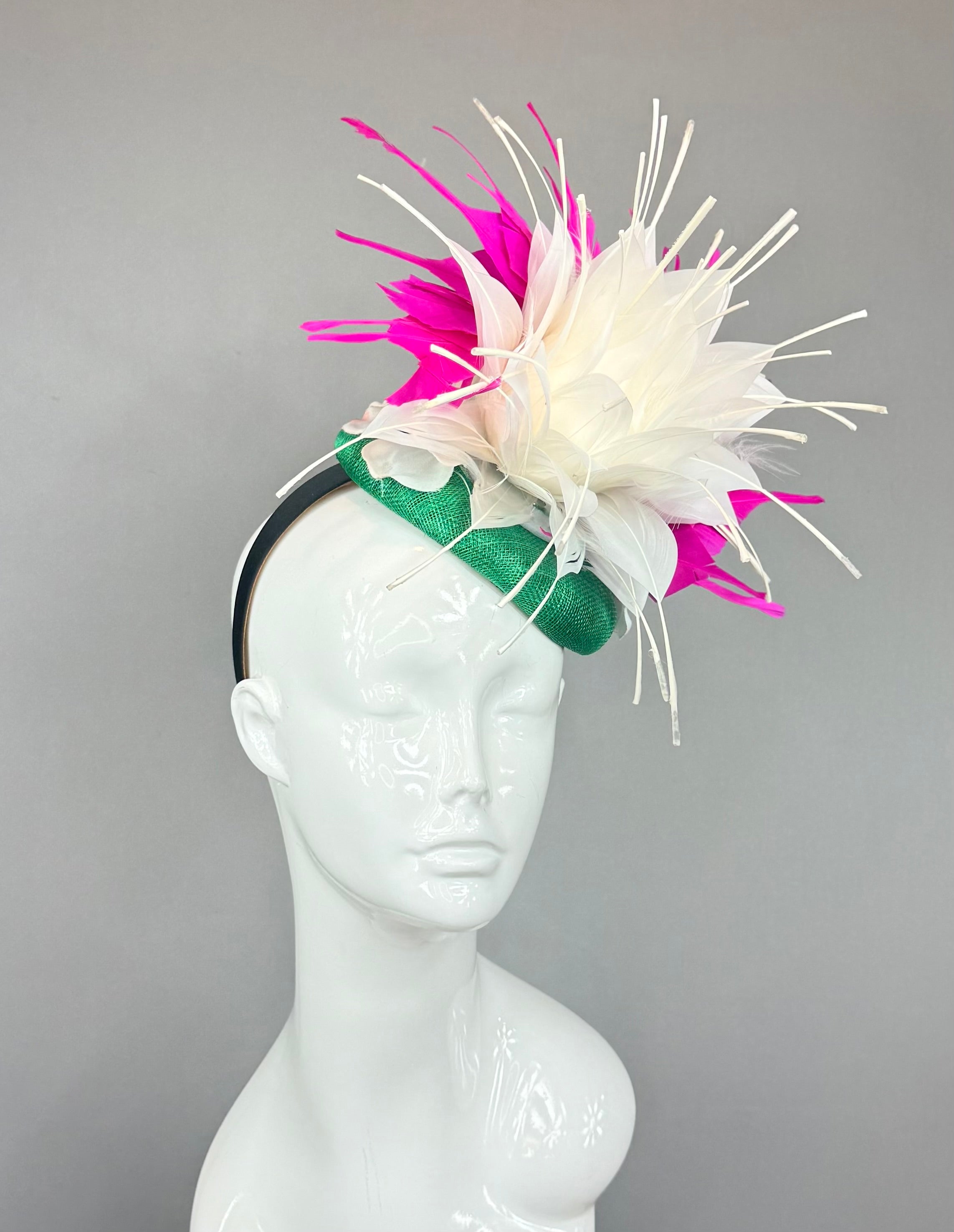 Kentucky Derby Fascinator Hat | Pink, Green Feather Headpiece| Derbyologie