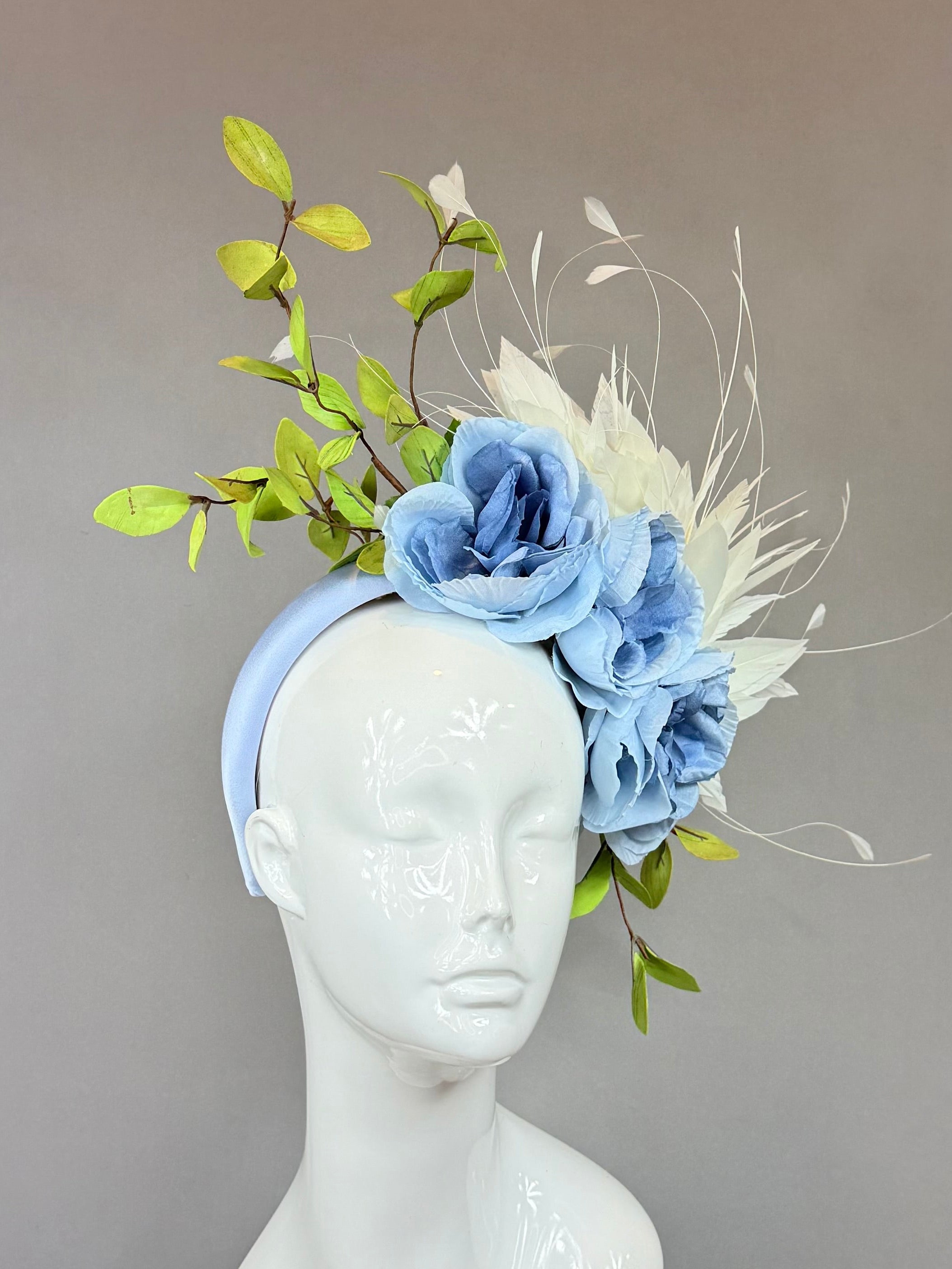Kentucky Derby Fascinator Hat | Blue, Green & White Flower Headpiece | Derbyologie