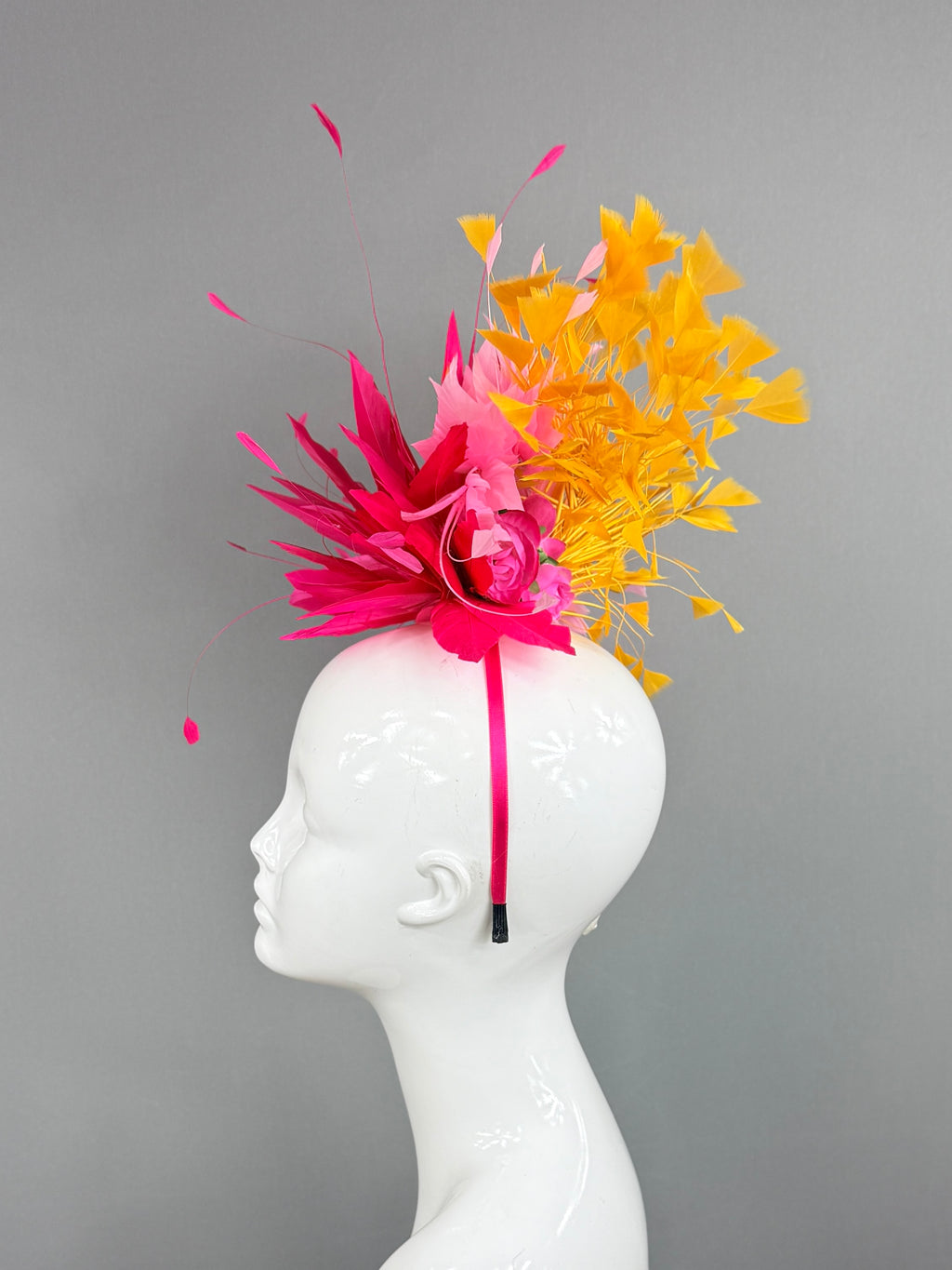 Kentucky Derby Fascinator Hat | fuchsia, pink, and yellow feathered Headpiece | Derbyologie