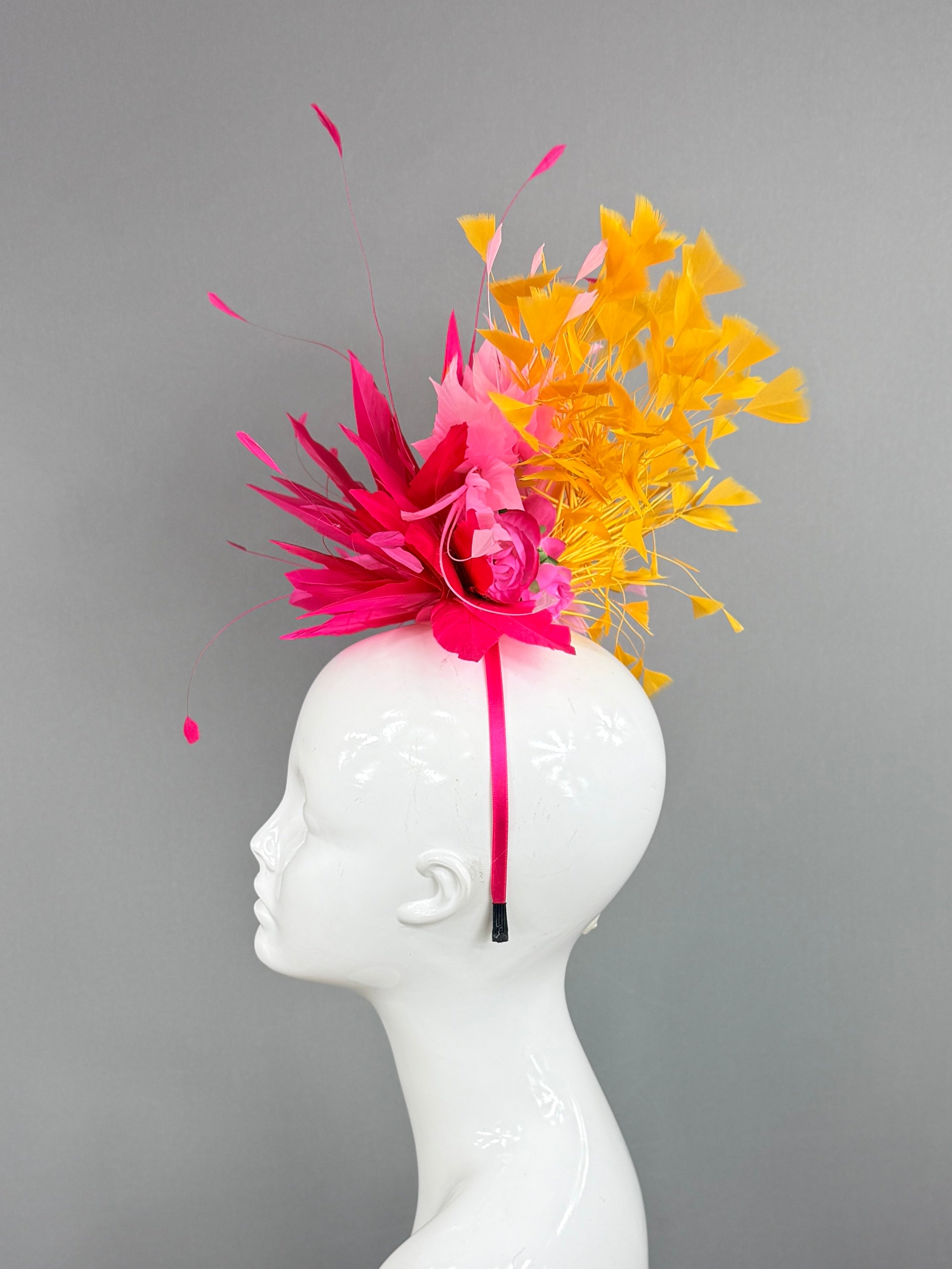 Kentucky Derby Fascinator Hat | fuchsia, pink, and yellow feathered Headpiece | Derbyologie