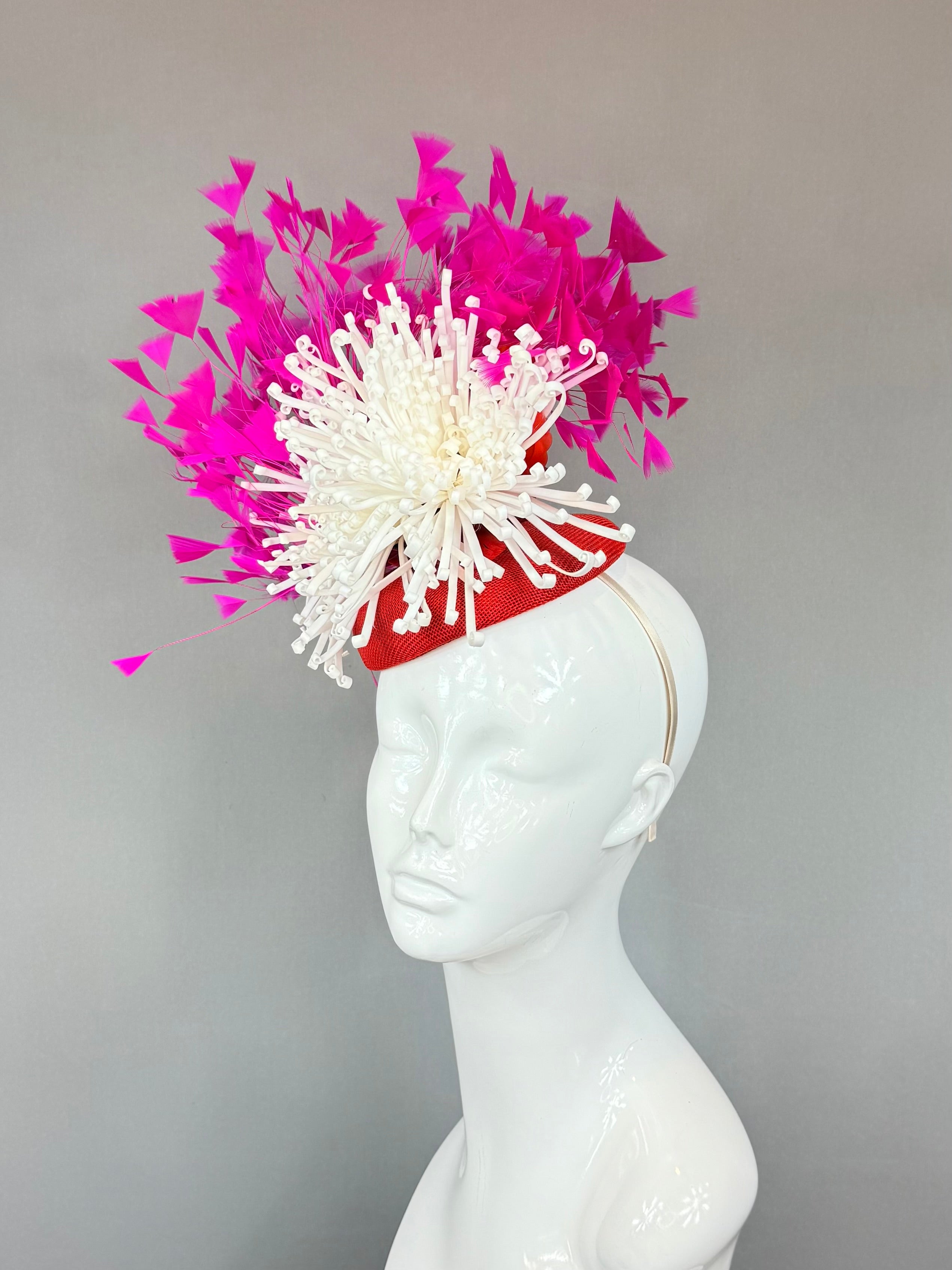 Kentucky Derby Fascinator Hat | Pink, Red & white Feather Headpiece | Derbyologie