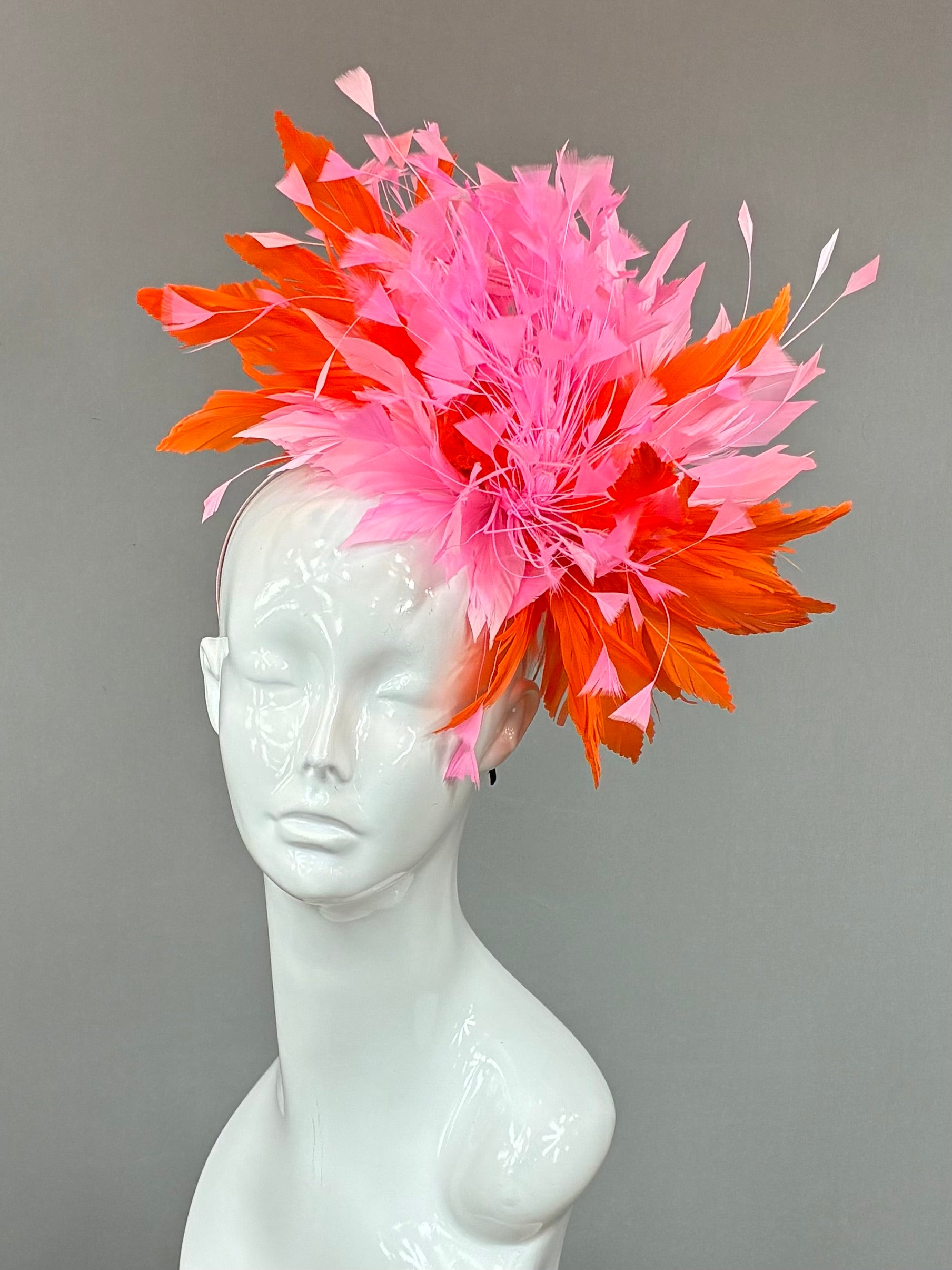 Kentucky Derby Fascinator Hat | Orange and pink feathered Headband Hat | Derbyologie