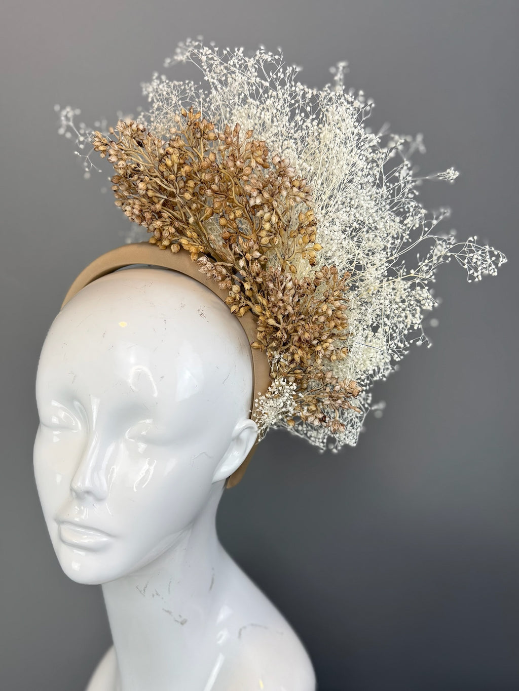 Tan and White Kentucky Derby fascinator, Derby Hat Alternative (GOLD LINE)