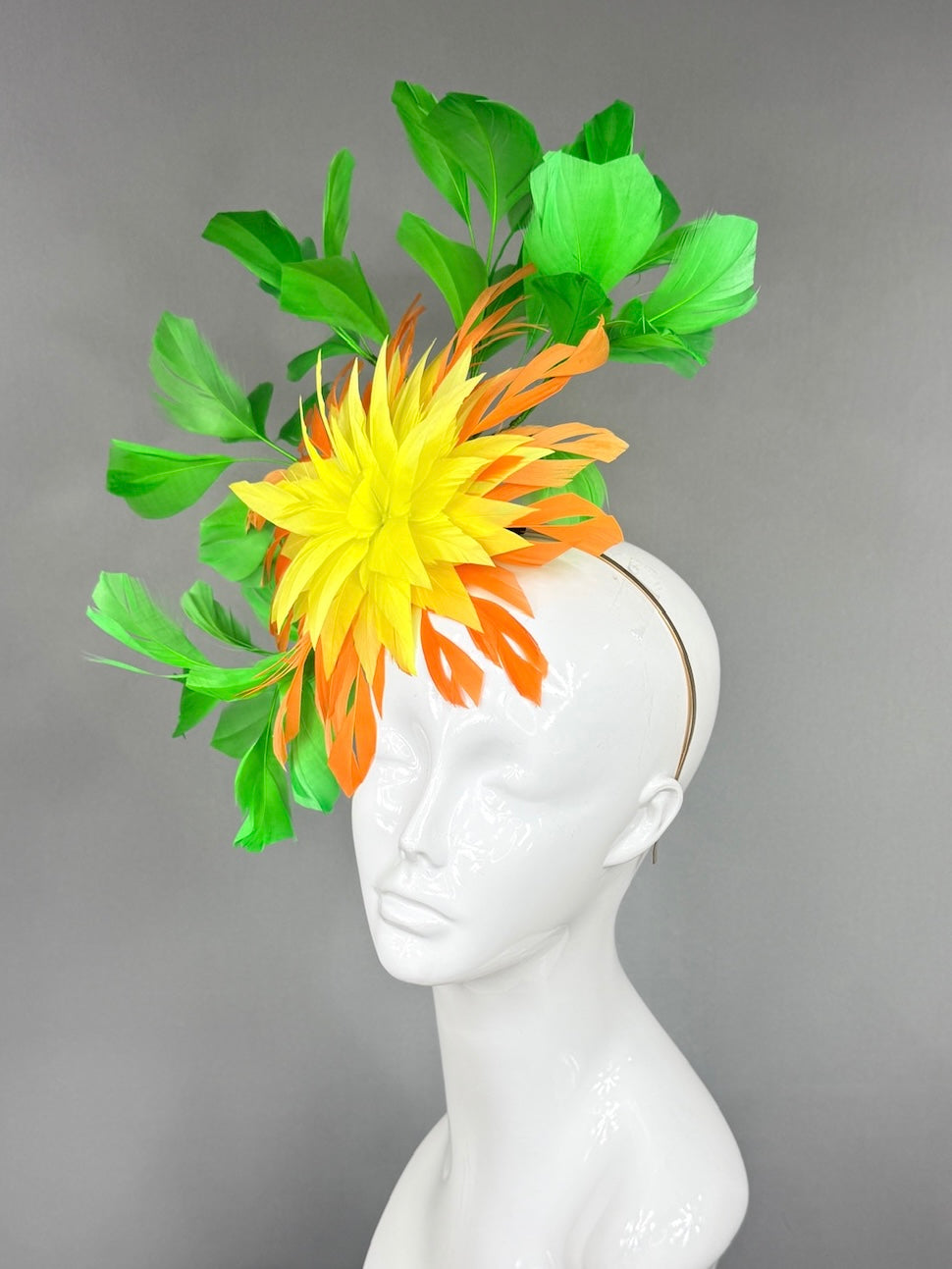 Kentucky Derby Fascinator Hat |  Yellow and Orange feathered dahlia and green feathers Headpiece | Derbyologie