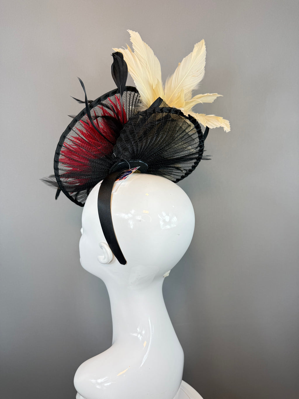 Kentucky Derby Fascinator Hat | Black, red, cream feather Headpiece | Derbyologie
