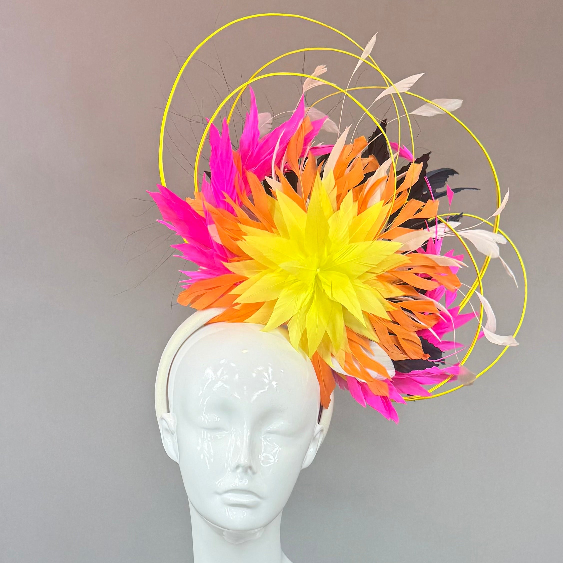 Kentucky Derby Fascinator Hat | Neon Pink, Yellow, Orange Feather Hat | Derbyologie
