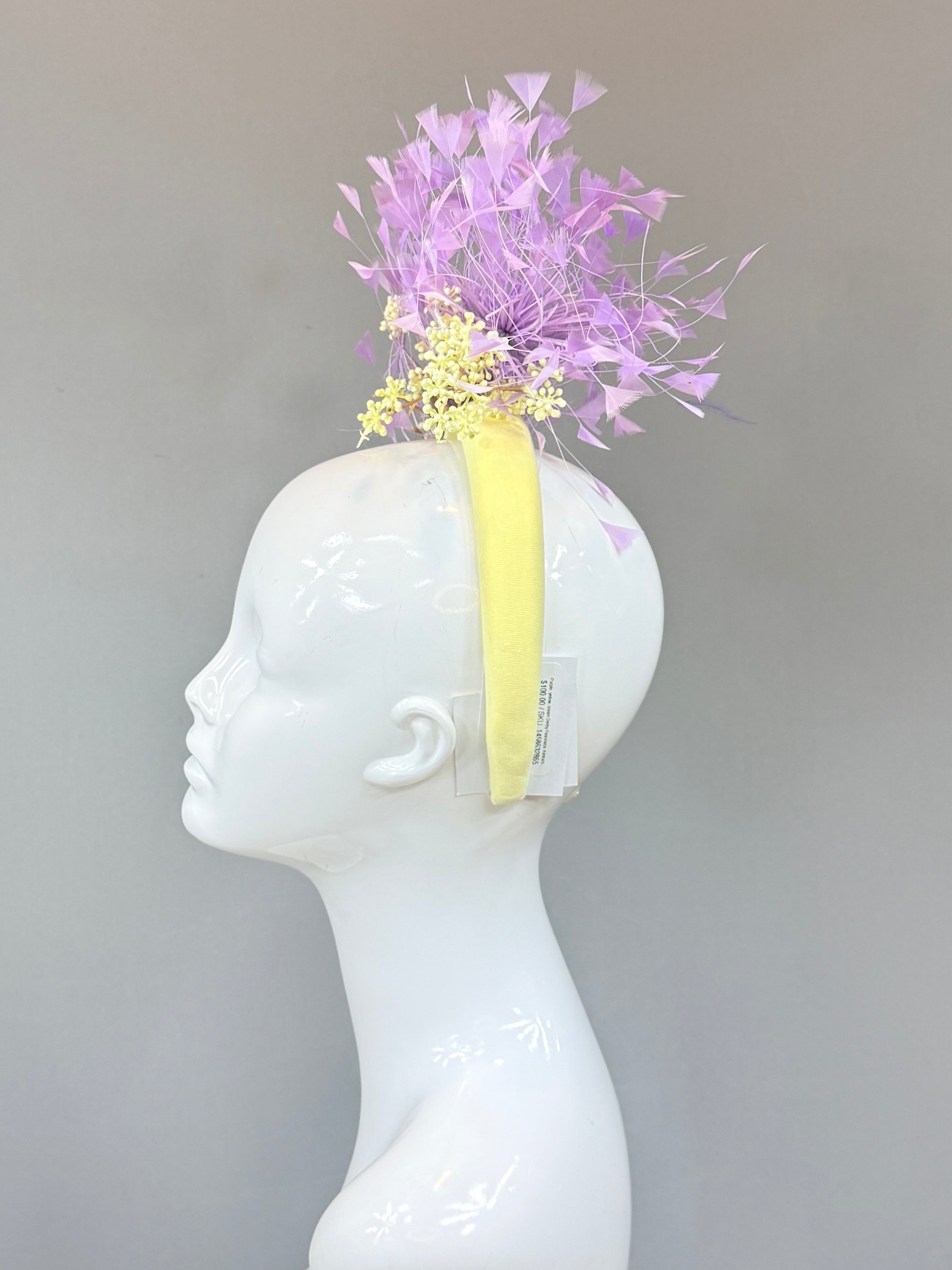 Kentucky Derby Fascinator Hat | Purple and Yellow feather headpiece | Derbyologie