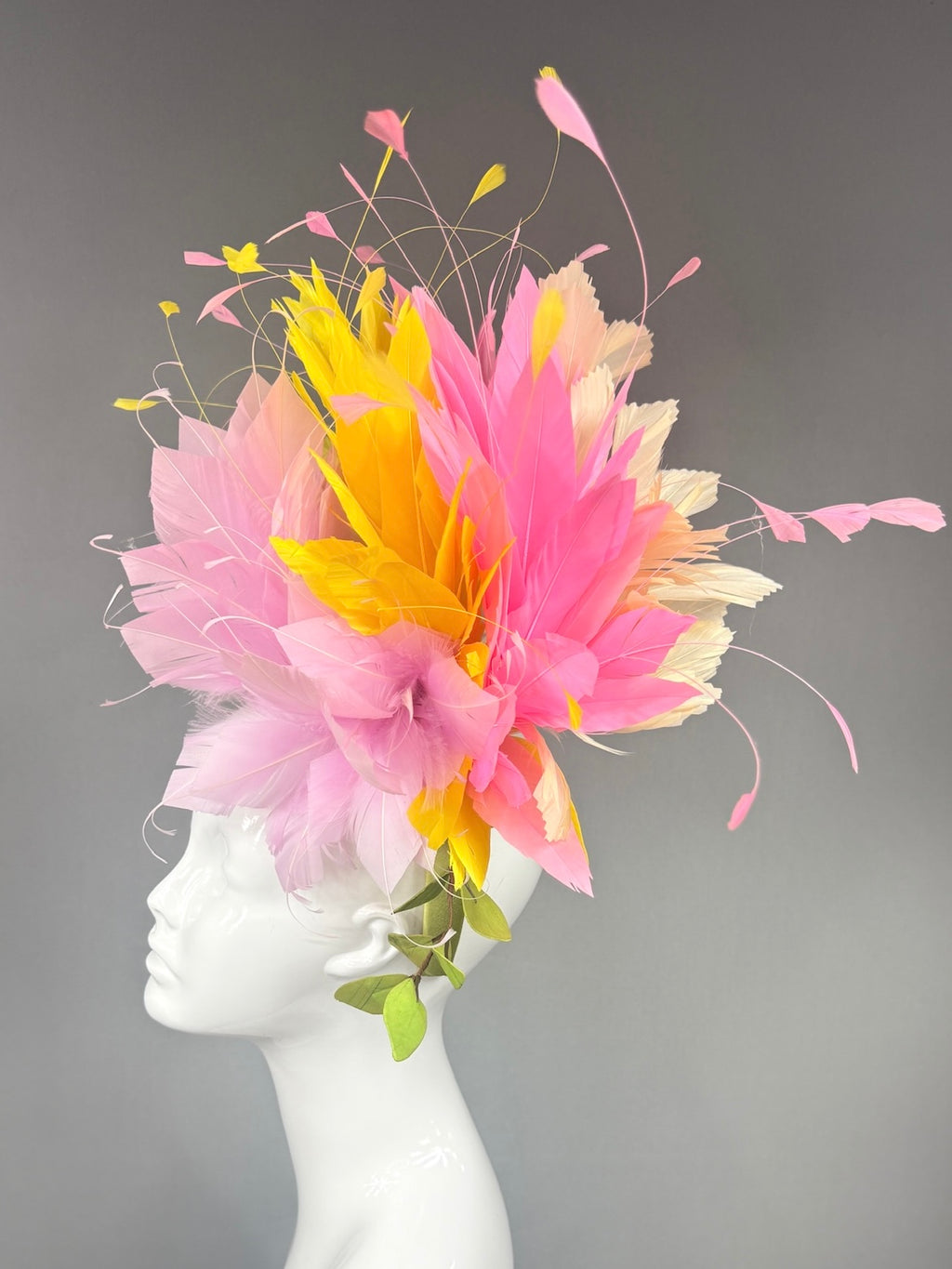 Kentucky Derby Fascinator Hat |  Pink and yellow feathers and leaves Headpiece | Derbyologie