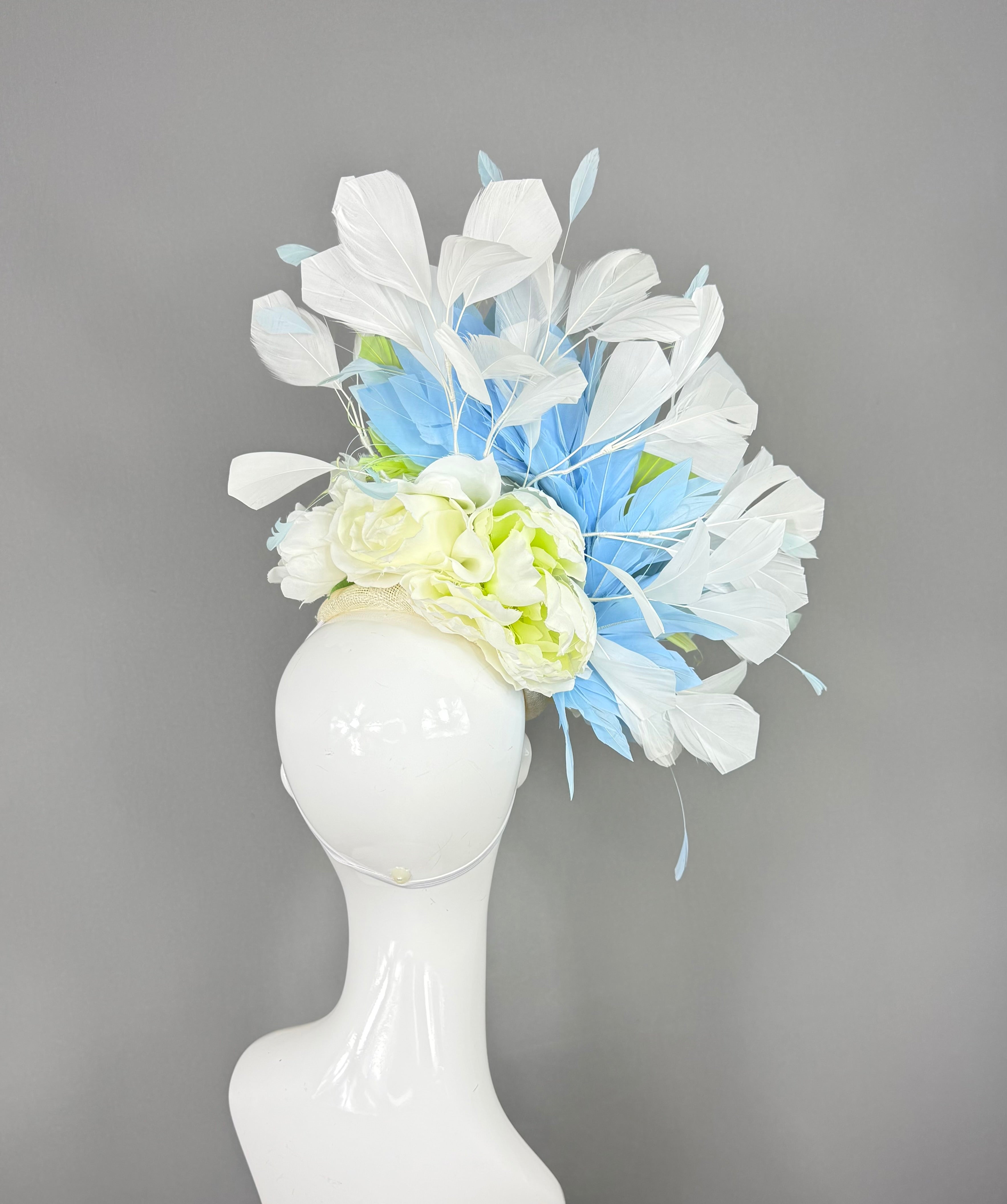 Kentucky Derby Fascinator Hat |White, Lime & Blue Feather Headpiece | Derbyologie
