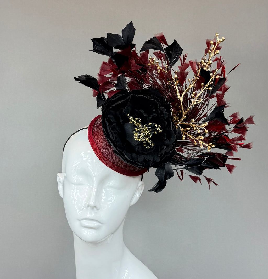 Kentucky Derby Fascinator Hat | Burgundy, Gold and Black Headpiece | Derbyologie