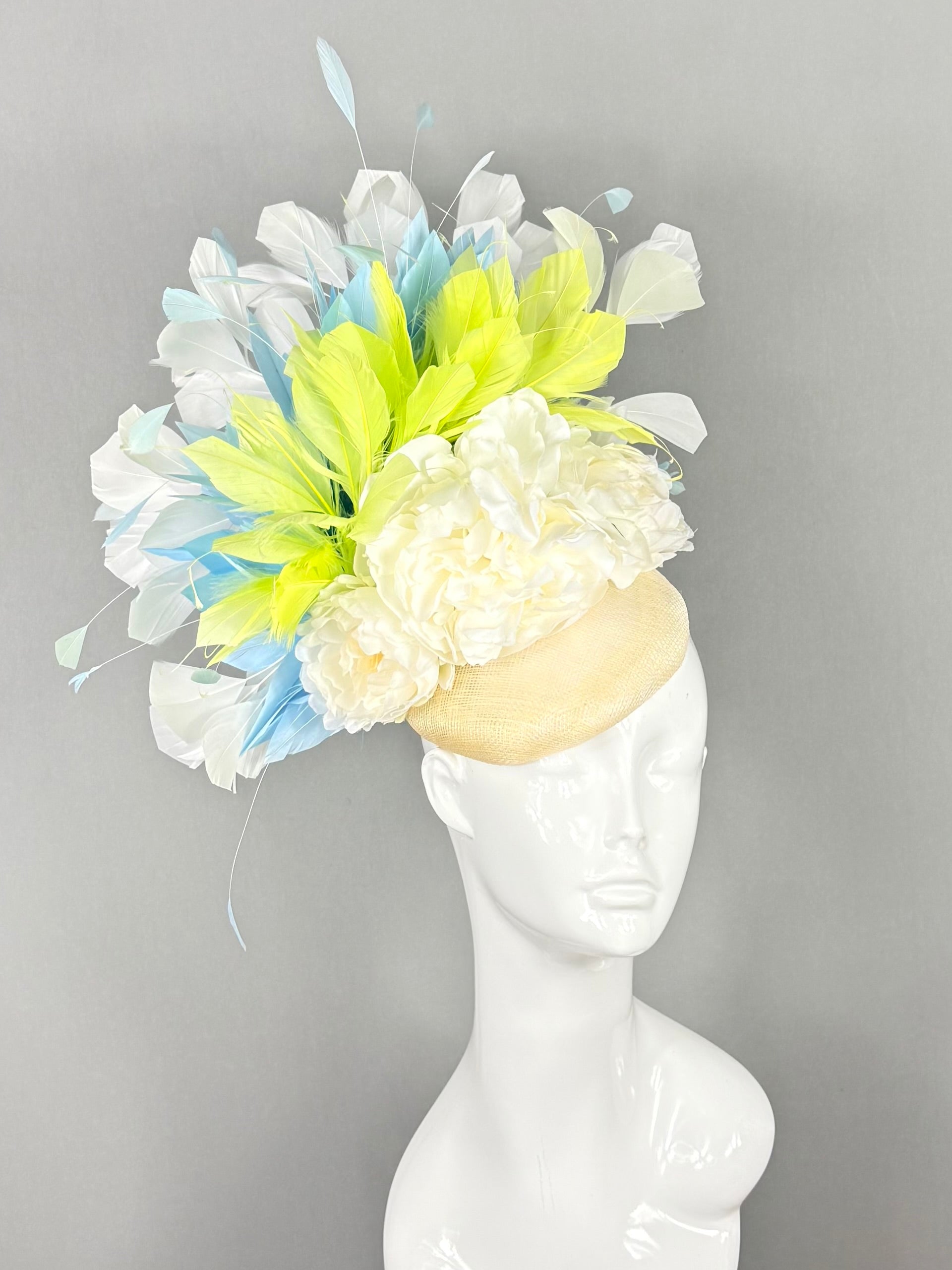 Kentucky Derby Fascinator Hat |White, Lime & Blue Feather Headpiece | Derbyologie