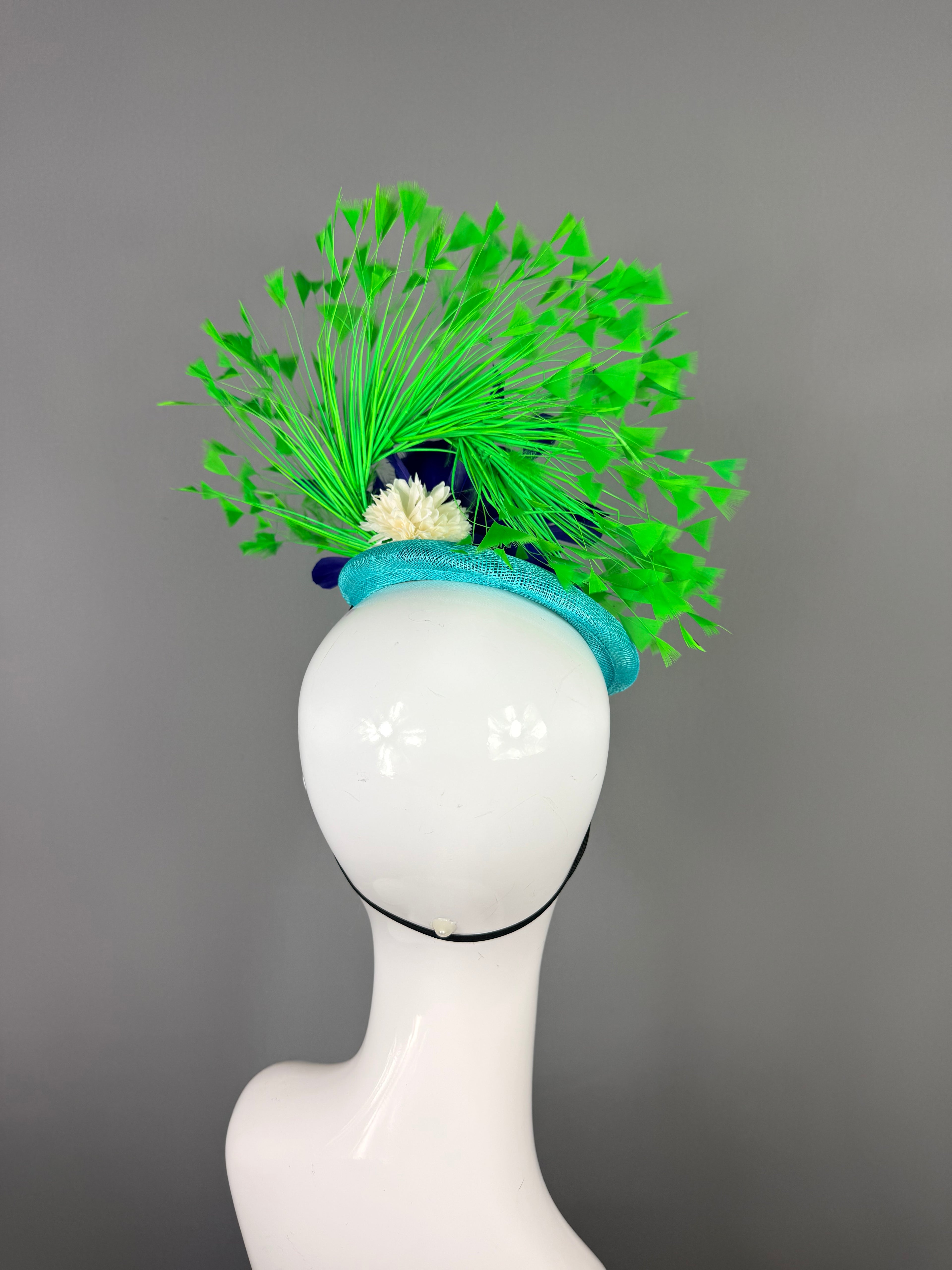 Kentucky Derby Fascinator Hat | Green, Blue and Turquoise Feather Flower Headpiece | Derbyologie