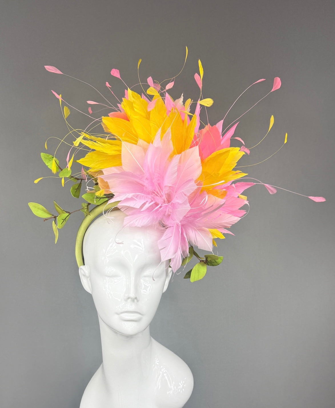Kentucky Derby Fascinator Hat |  Pink and yellow feathers and leaves Headpiece | Derbyologie
