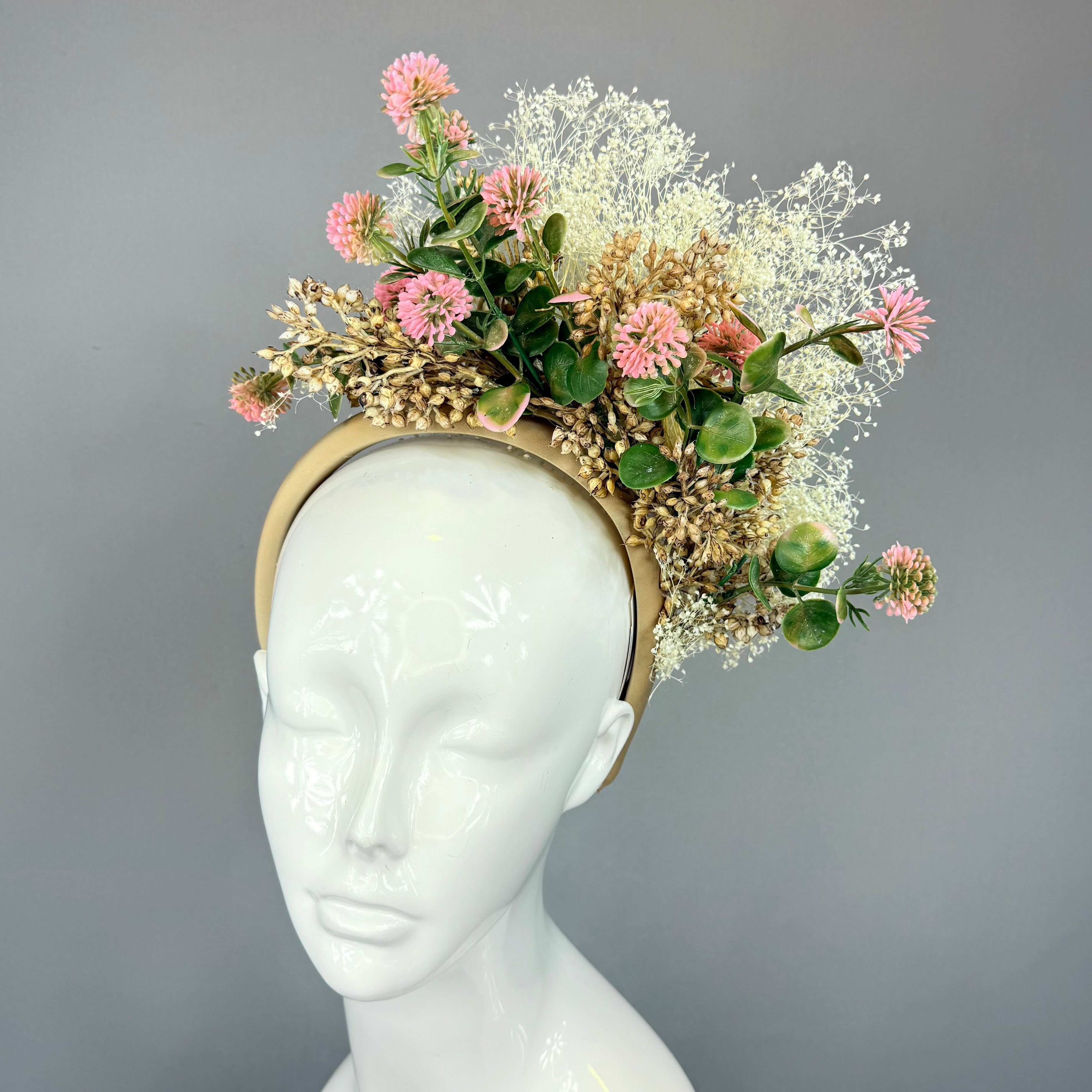 Kentucky Derby Fascinator Hat | Gold, Pink, White, and Green Flower Hat | Derbyologie