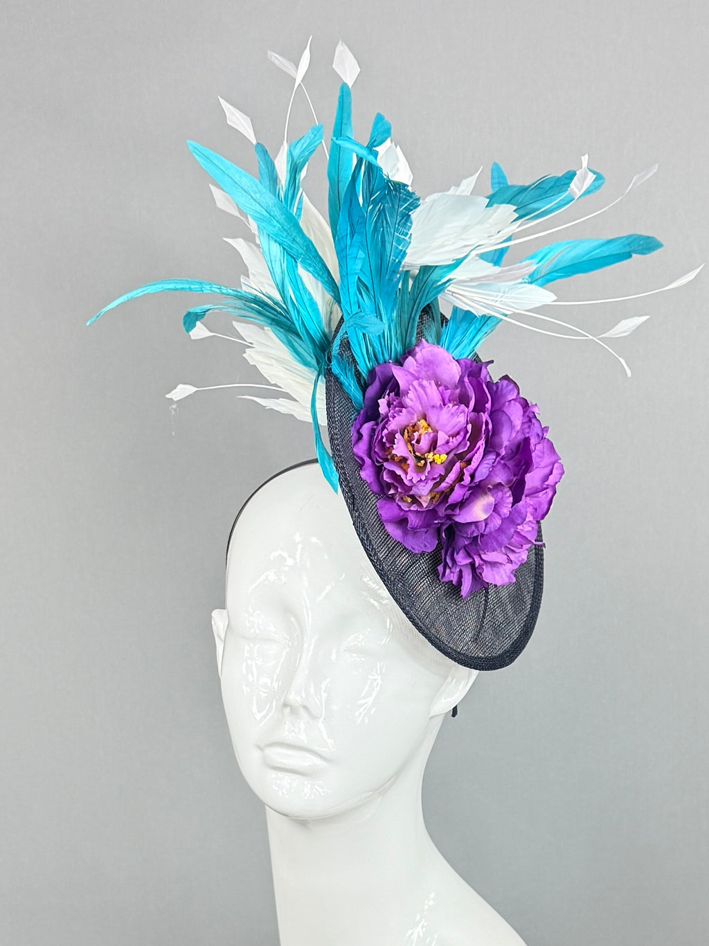 Kentucky Derby Fascinator Hat | Purple, white, teal, and black Headpiece | Derbyologie
