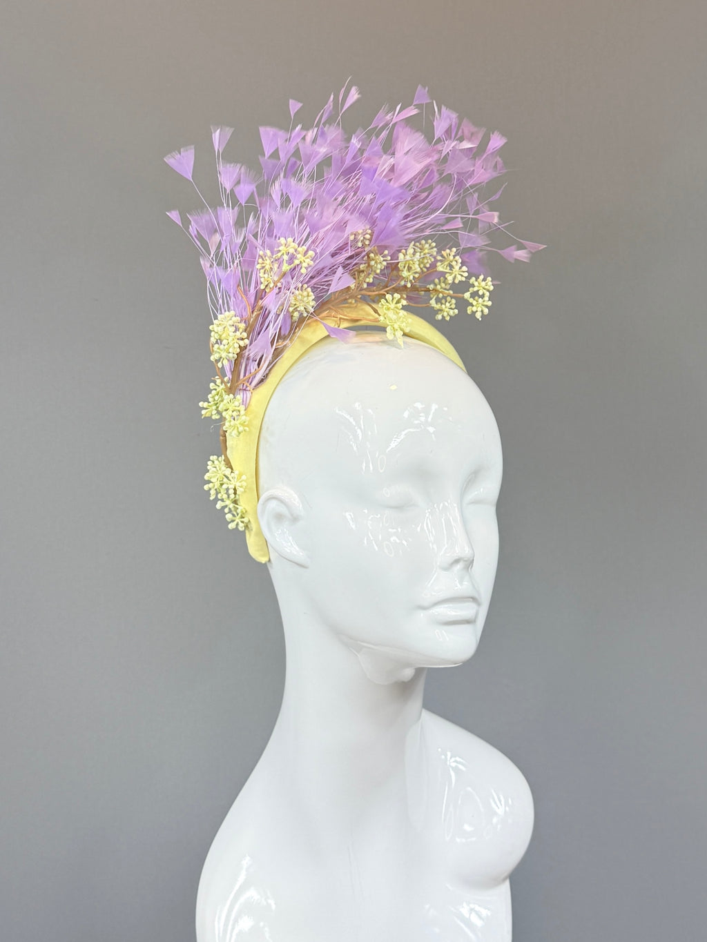 Kentucky Derby Fascinator Hat | Purple and Yellow feather headpiece | Derbyologie