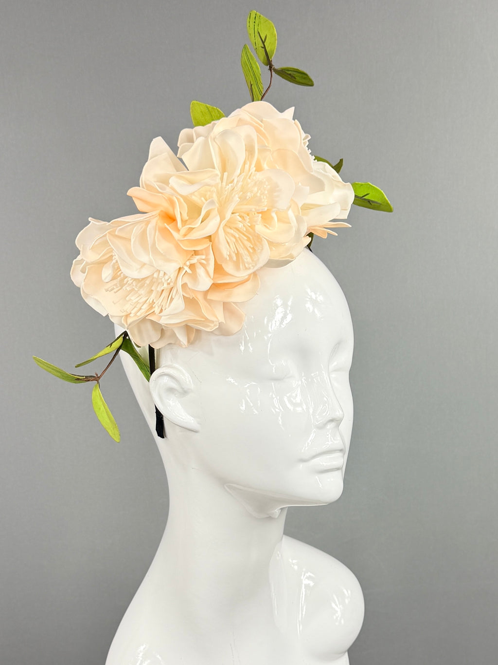 Kentucky Derby Fascinator Hat | Cream flowers and green leaves Headpiece | Derbyologie