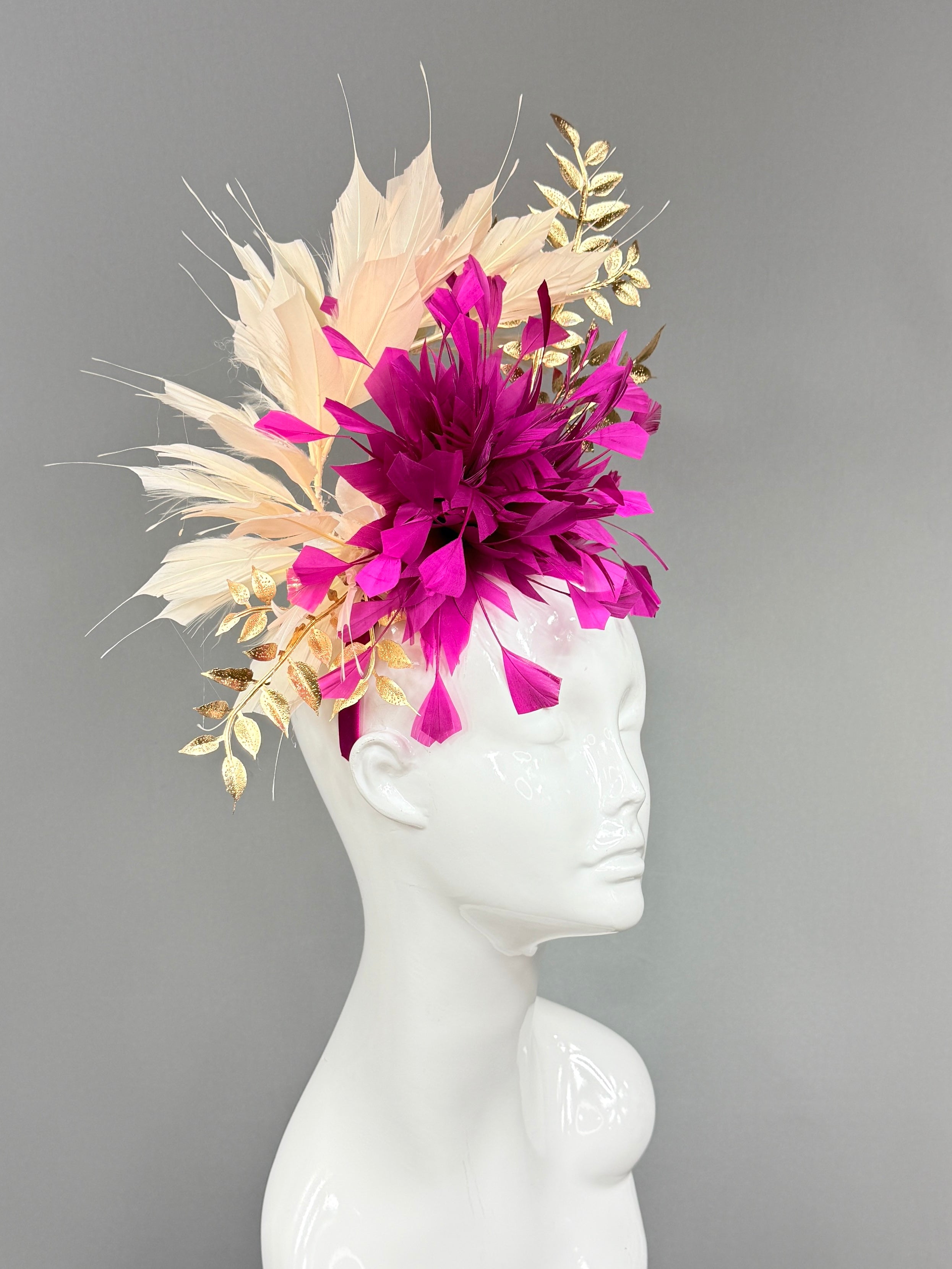 Kentucky Derby Fascinator Hat |Fuchsia, beige, and gold  Headband Hat | Derbyologie