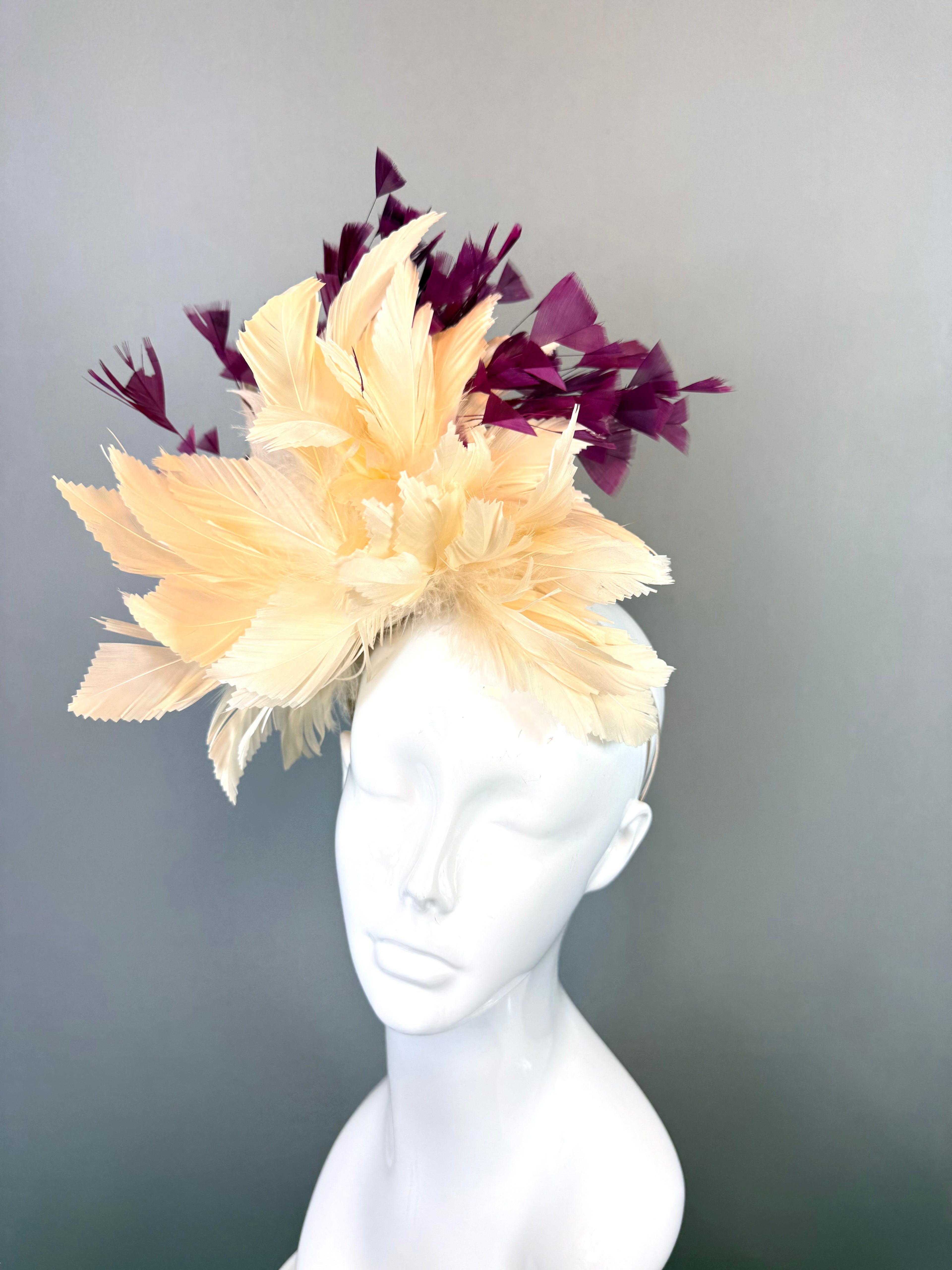 Kentucky Derby Fascinator Hat | Maroon Purple and Ivory Feather Headpiece | Derbyologie