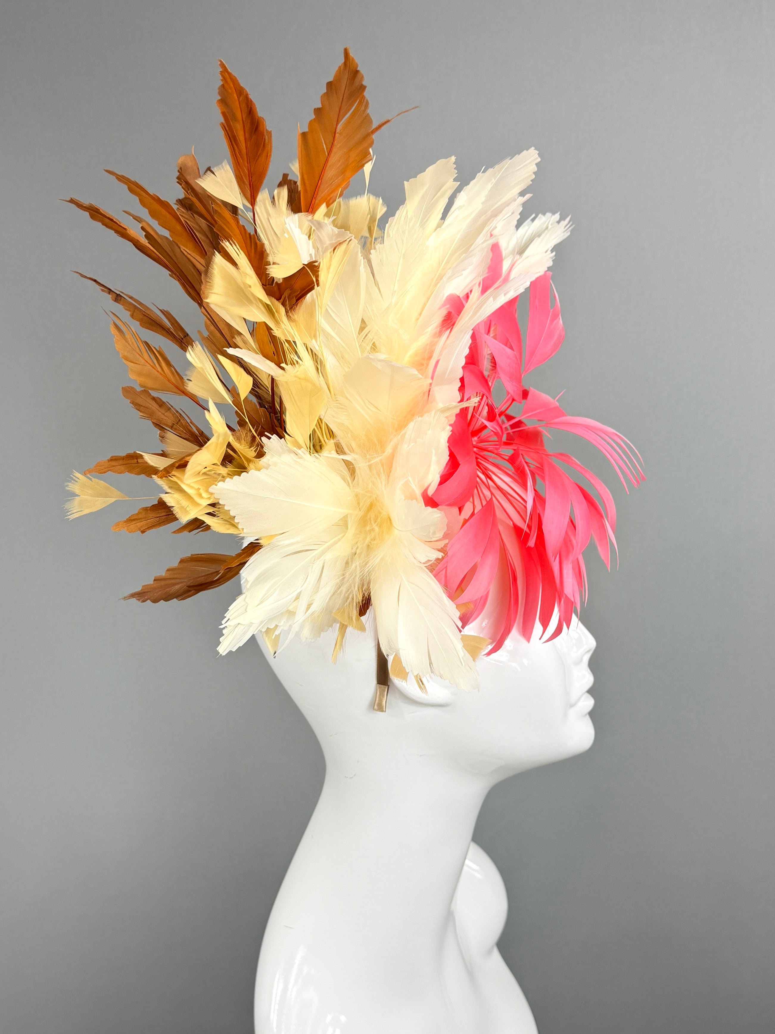 Kentucky Derby Fascinator Hat | Pink, white, beige, and brown feathered Headpiece | Derbyologie