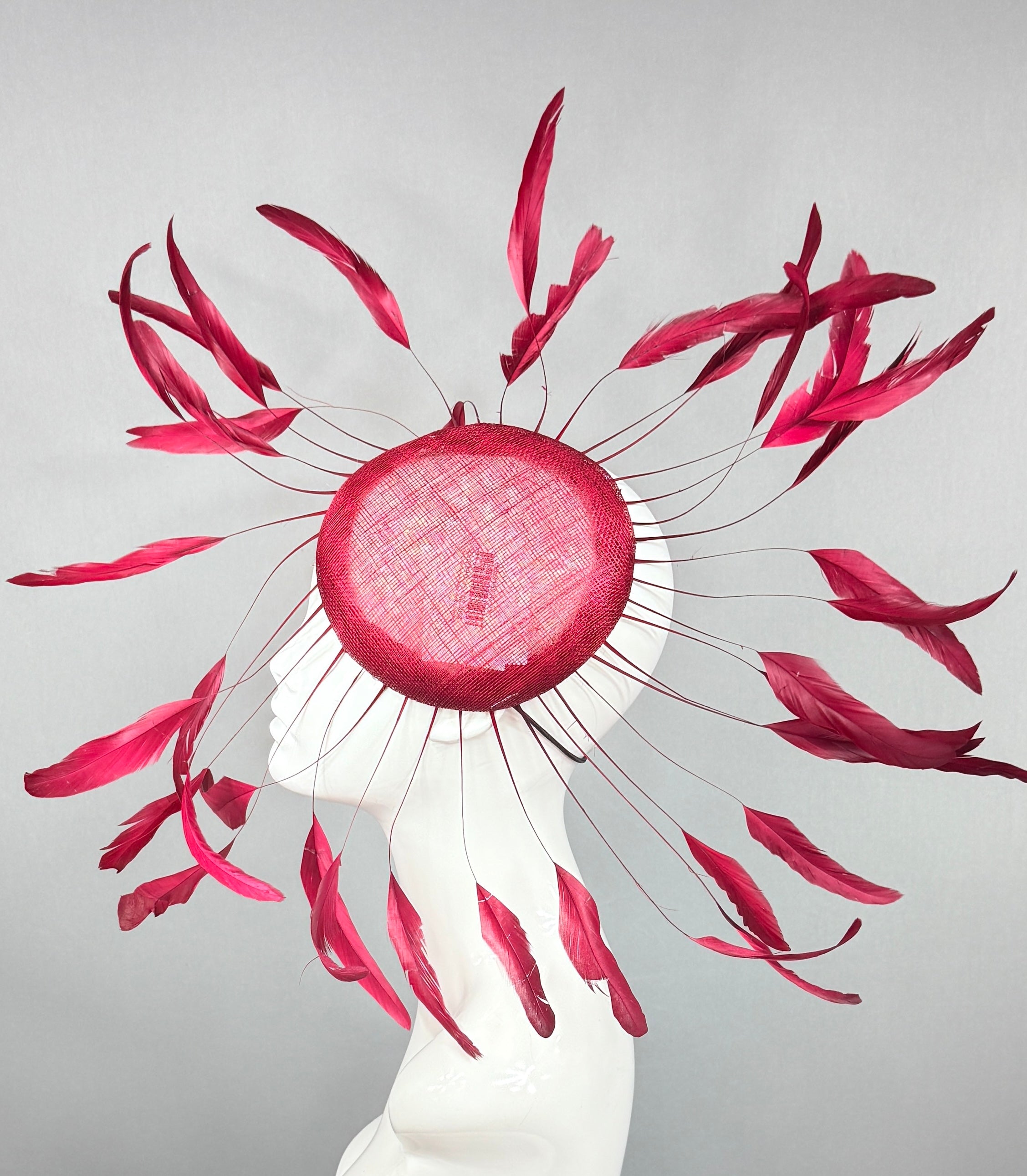Kentucky Derby Fascinator Hat | Cranberry, wine Feather Headpiece | Derbyologie