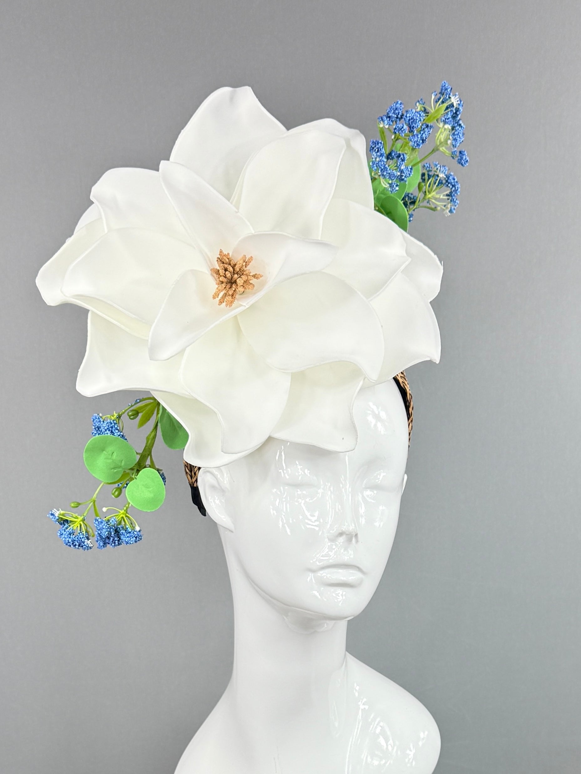 Kentucky Derby Fascinator Hat | White magnolia with blue and green flowers Headpiece | Derbyologie