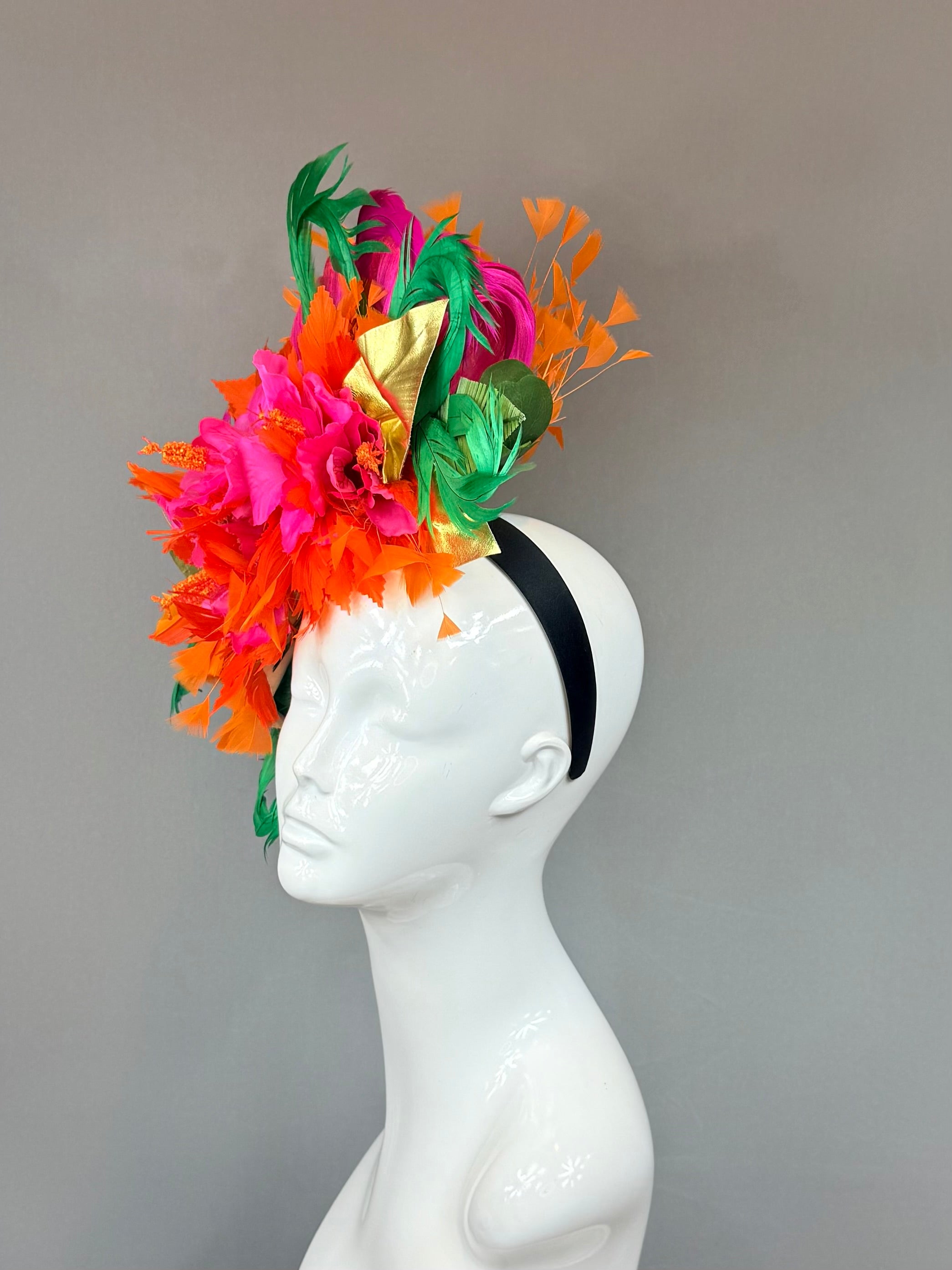 Pink, green and orange Kentucky Derby Fascinator, derby hat Kentucky Derby Hat Alternative, Floral Fascinator, (PLATINUM LINE)