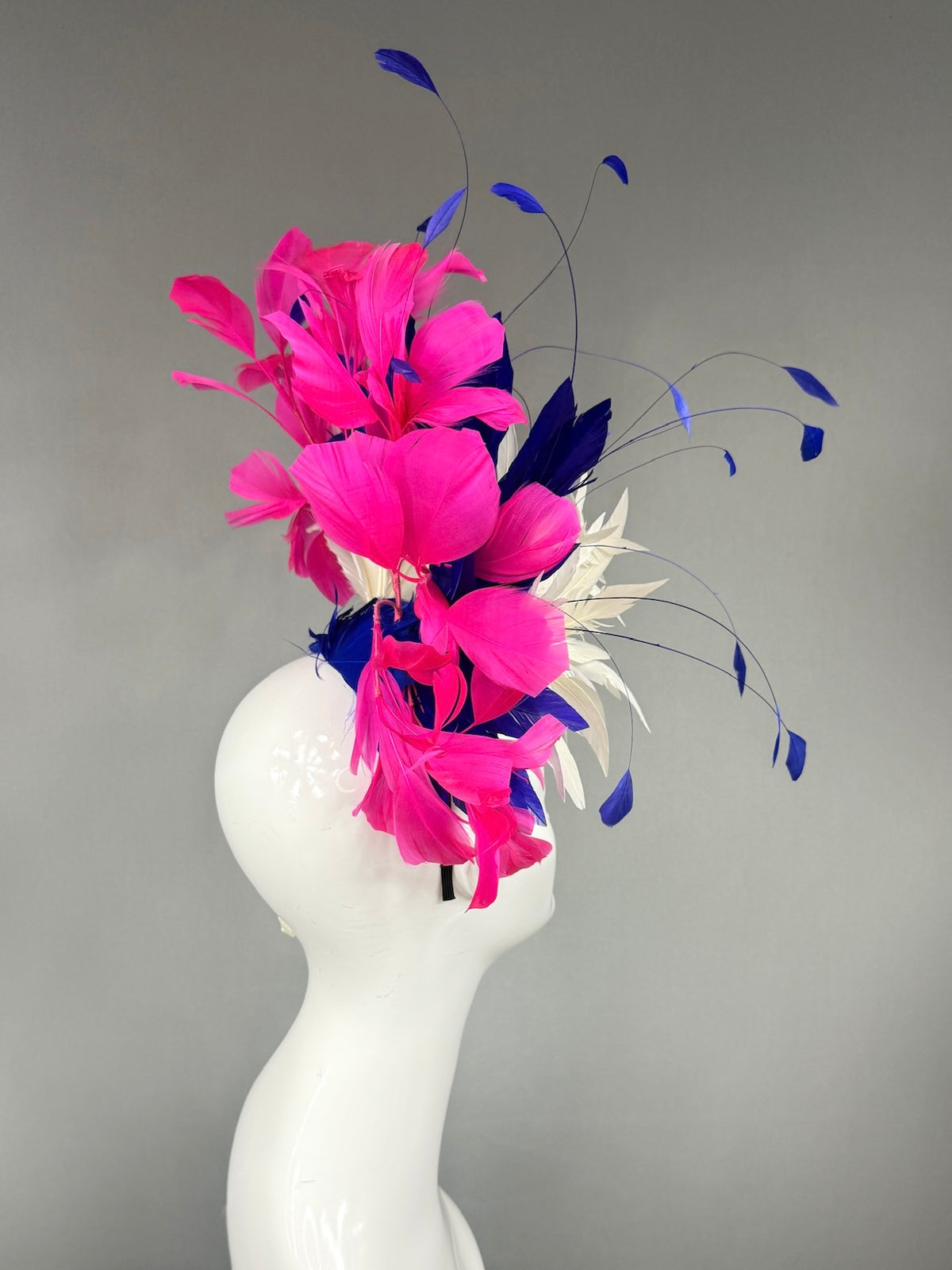 Kentucky Derby Fascinator Hat |  White, navy, and pink feathered  Headpiece | Derbyologie