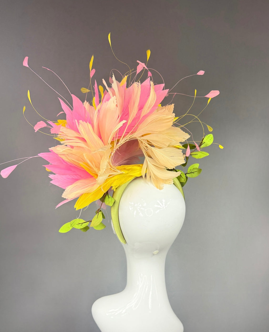 Kentucky Derby Fascinator Hat |  Pink and yellow feathers and leaves Headpiece | Derbyologie