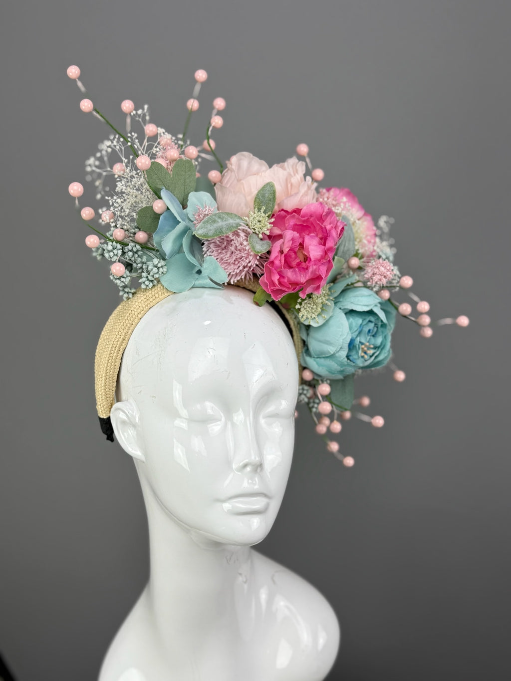 Aqua and Pink floral Kentucky Derby fascinator, Derby Hat Alternative (PLATINUM LINE)