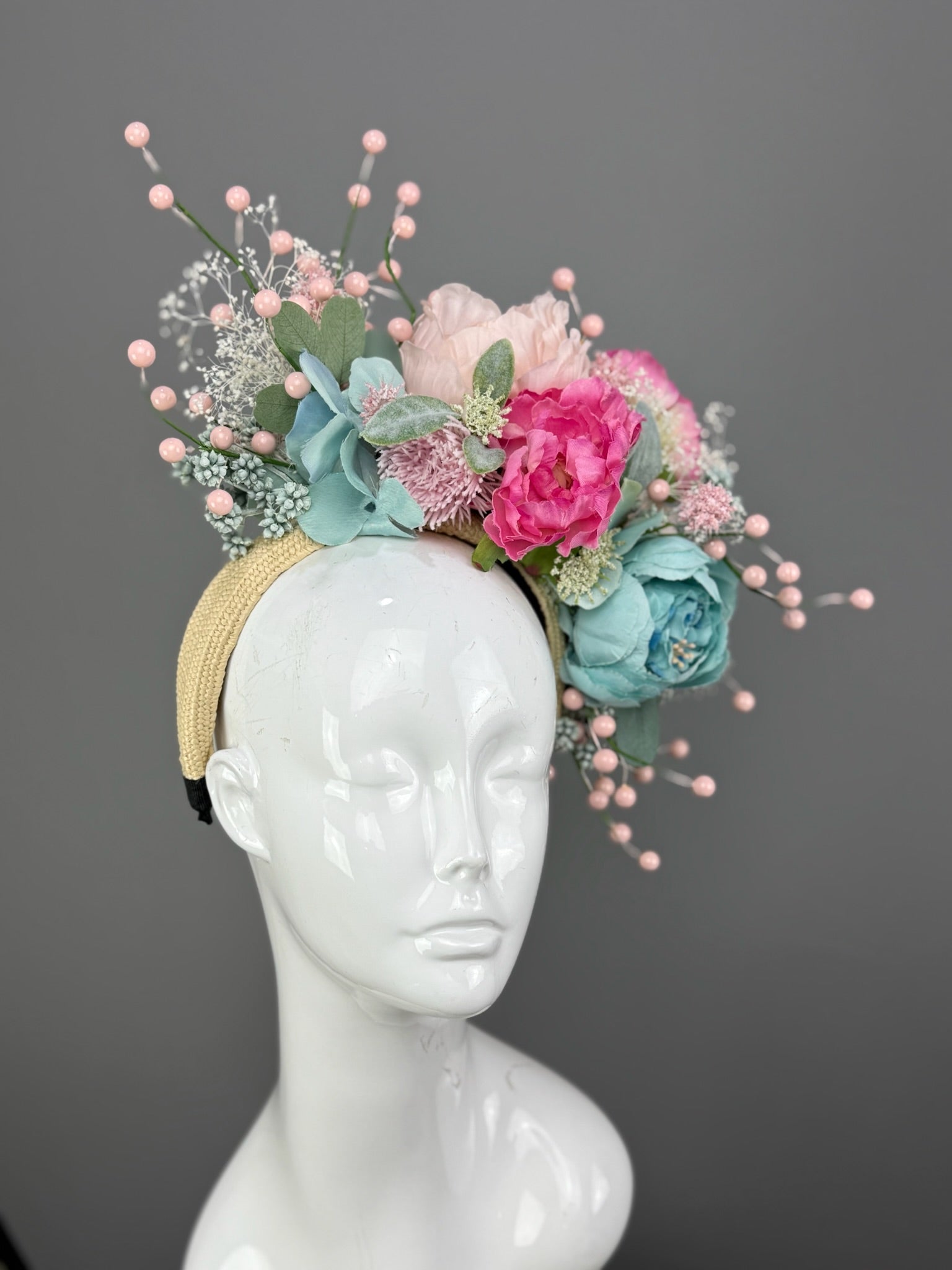 Aqua and Pink floral Kentucky Derby fascinator, Derby Hat Alternative (PLATINUM LINE)