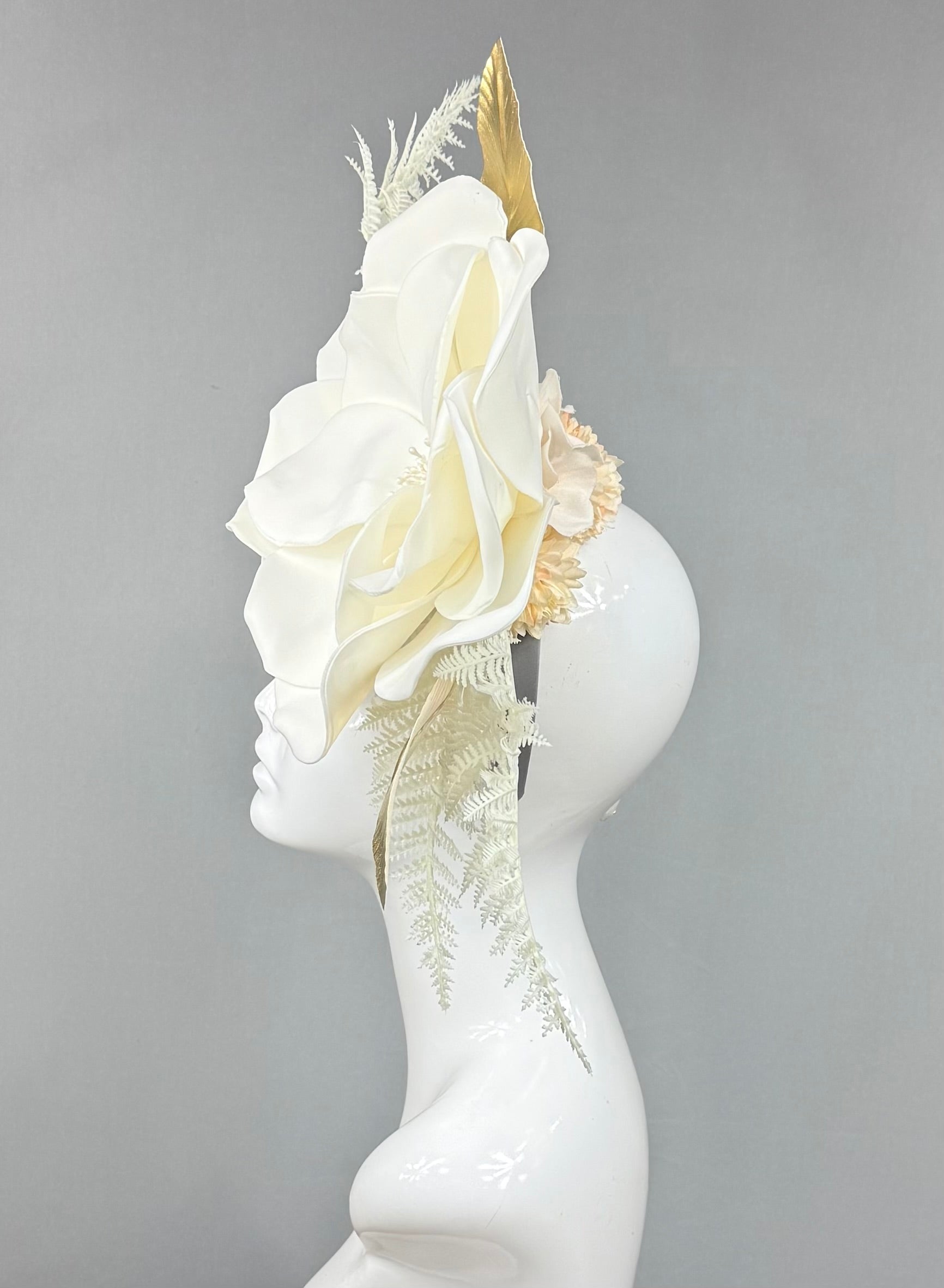 Kentucky Derby Fascinator Hat | White and Gold Flower Headpiece | Derbyologie