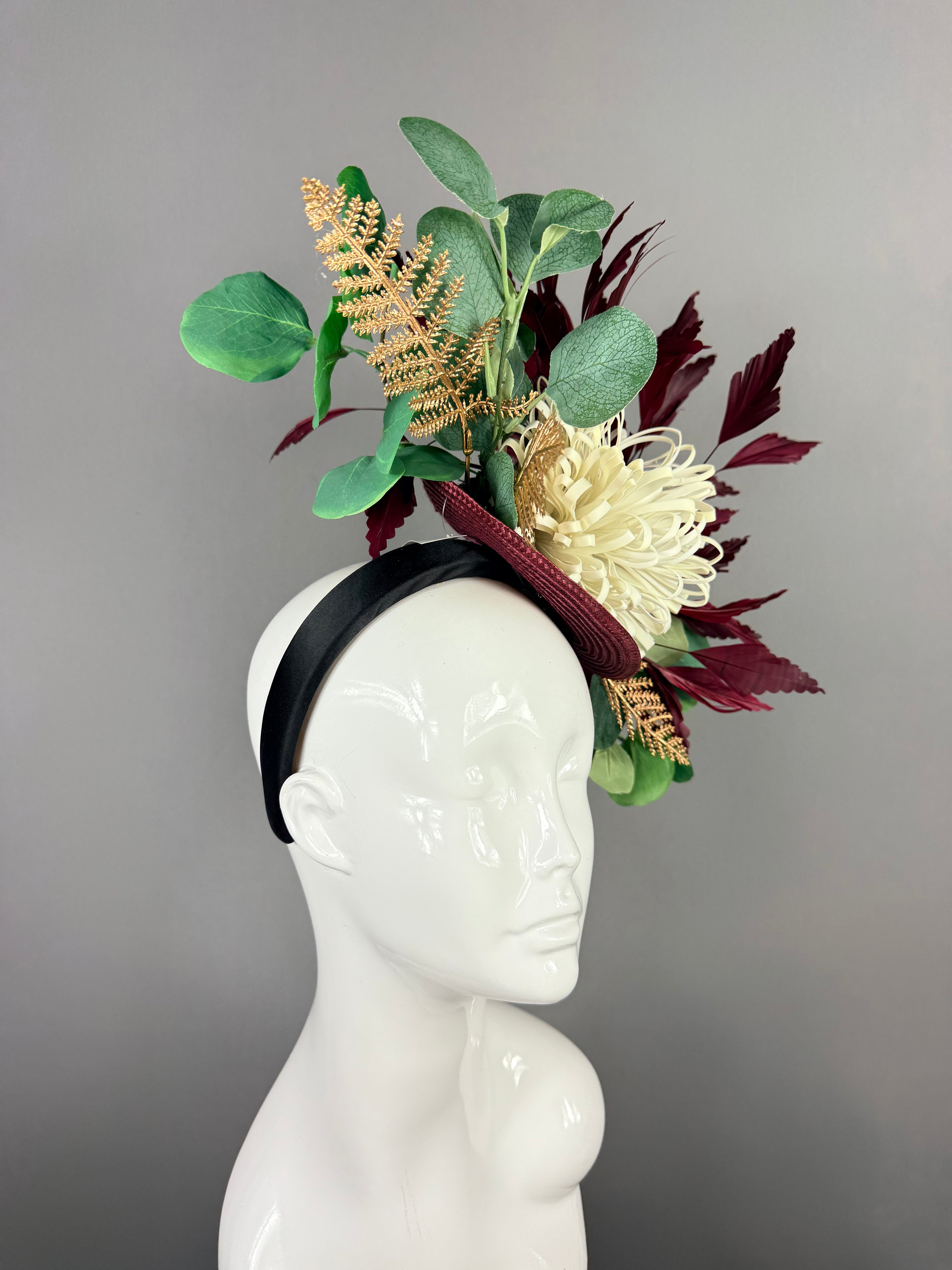 Kentucky Derby Fascinator Hat | Burgundy and Gold Headpiece | Derbyologie