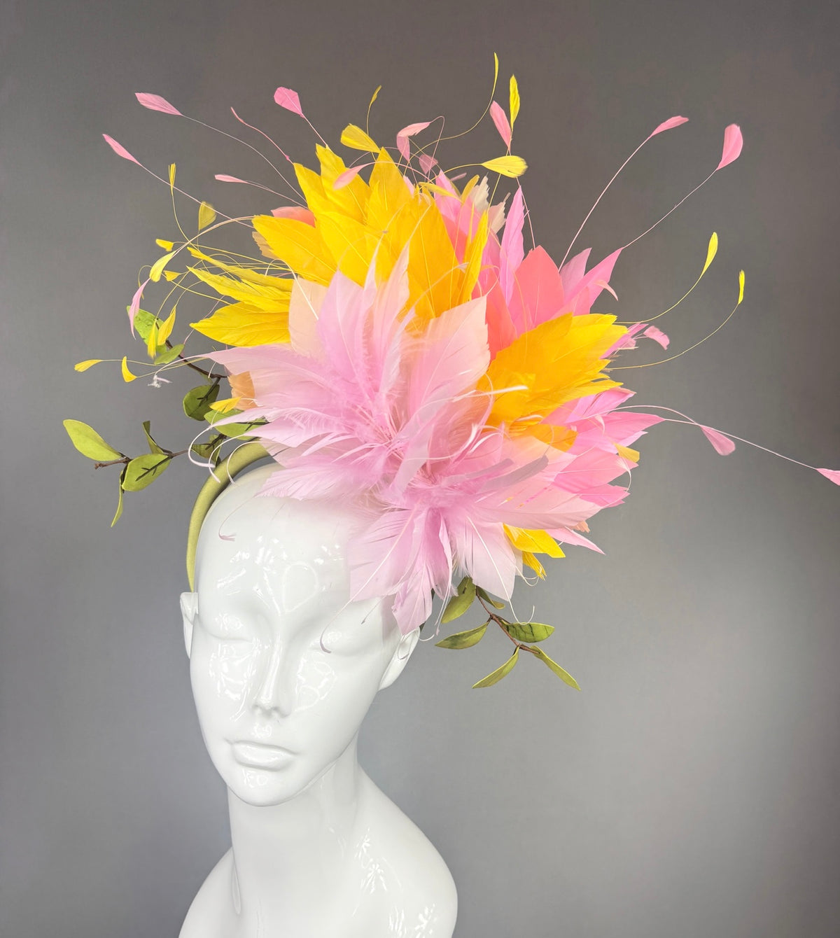 Kentucky Derby Fascinator Hat |  Pink and yellow feathers and leaves Headpiece | Derbyologie