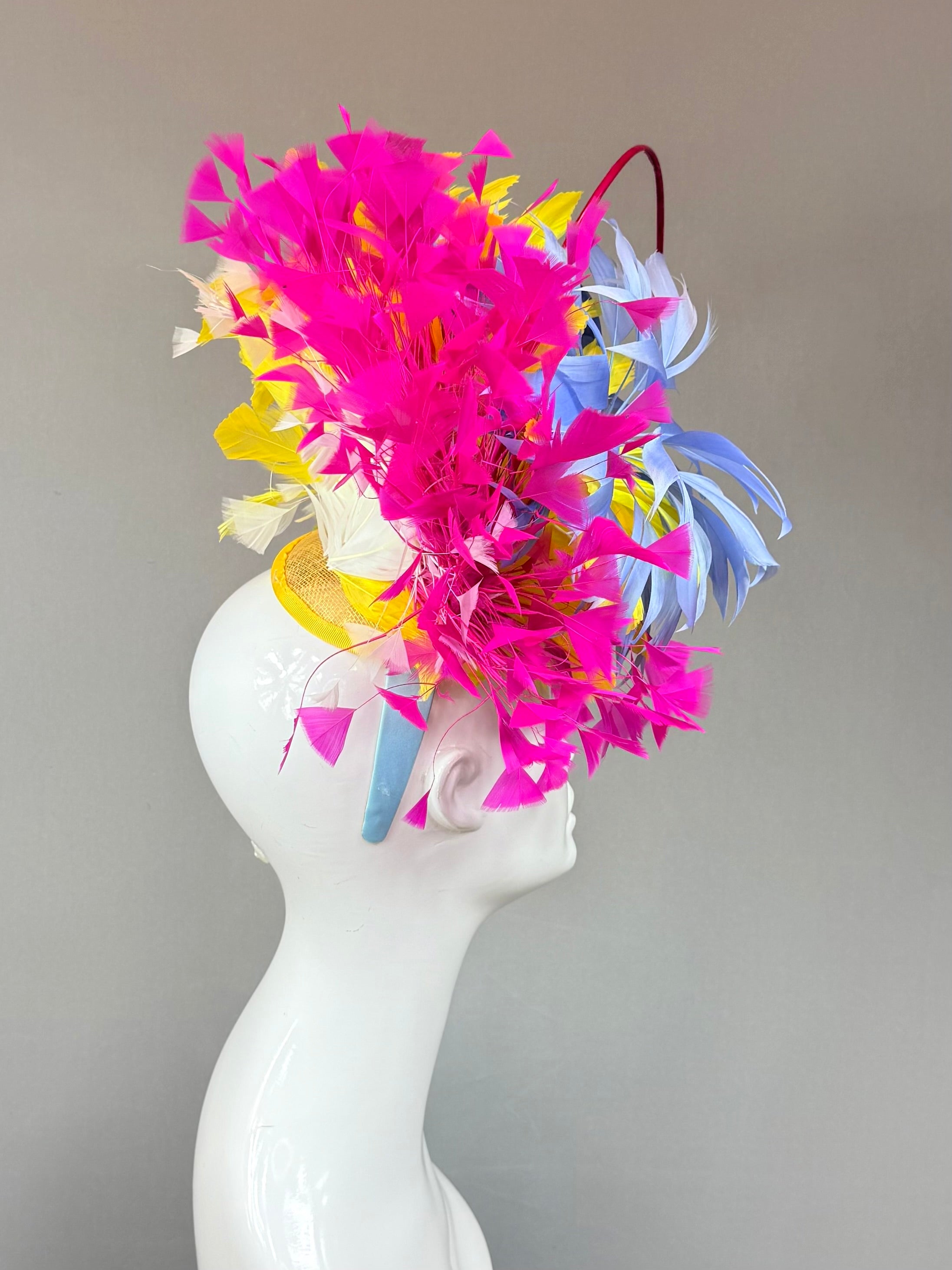 Kentucky Derby Fascinator Hat | Pink, Blue, Yellow Feather Headpiece| Derbyologie