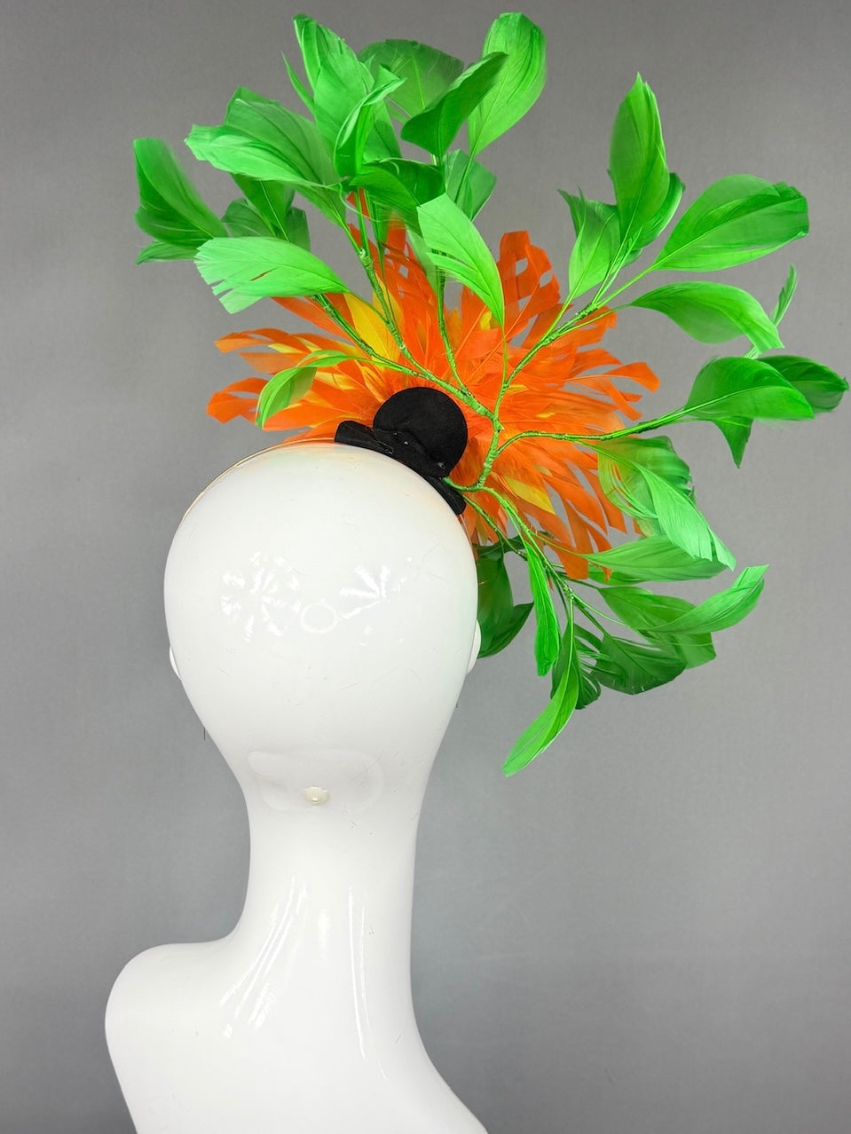 Kentucky Derby Fascinator Hat |  Yellow and Orange feathered dahlia and green feathers Headpiece | Derbyologie