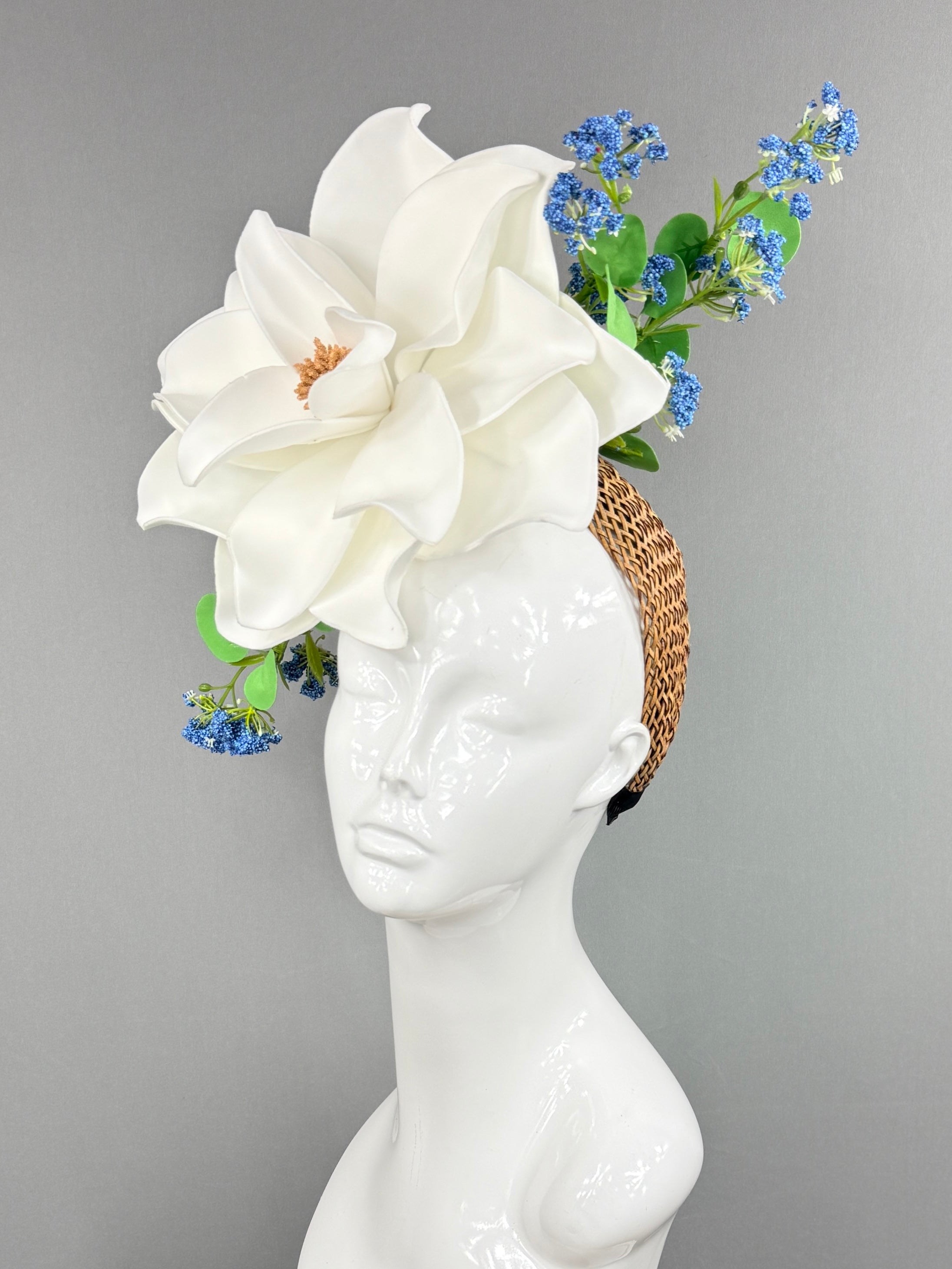 Kentucky Derby Fascinator Hat | White magnolia with blue and green flowers Headpiece | Derbyologie
