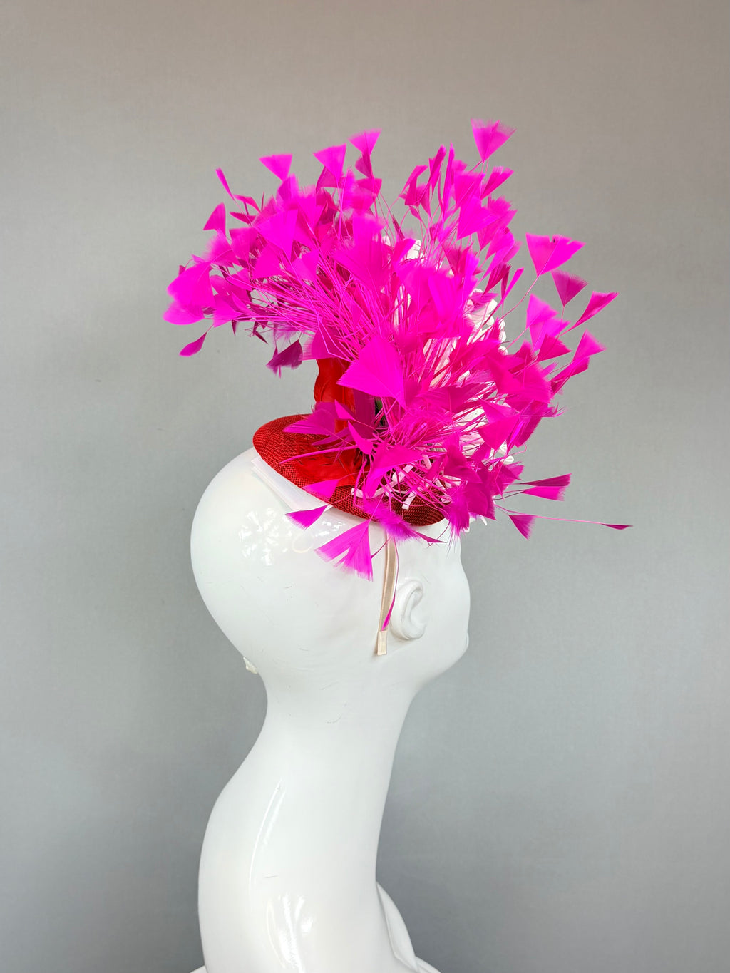 Kentucky Derby Fascinator Hat | Pink, Red & white Feather Headpiece | Derbyologie