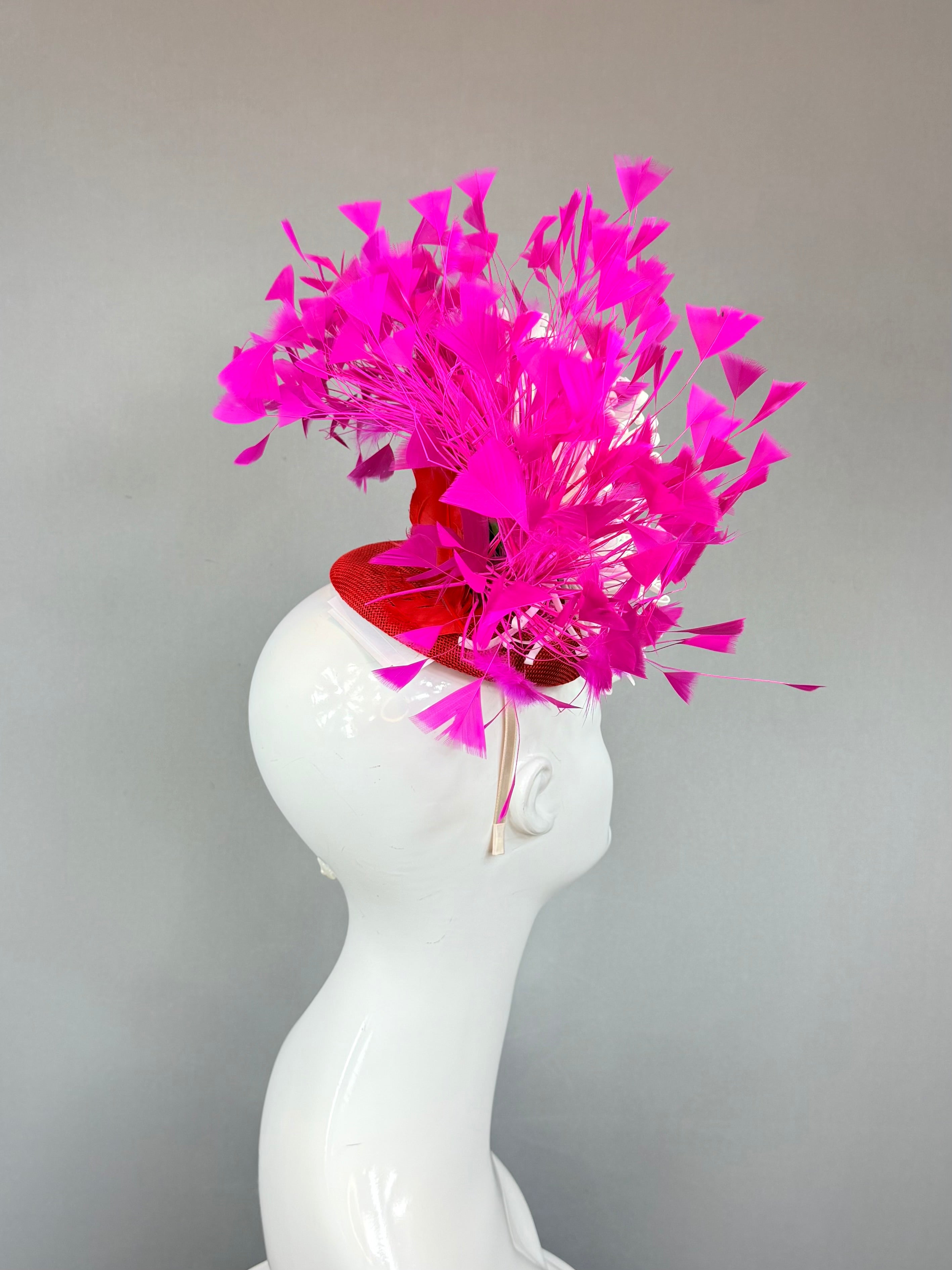 Kentucky Derby Fascinator Hat | Pink, Red & white Feather Headpiece | Derbyologie