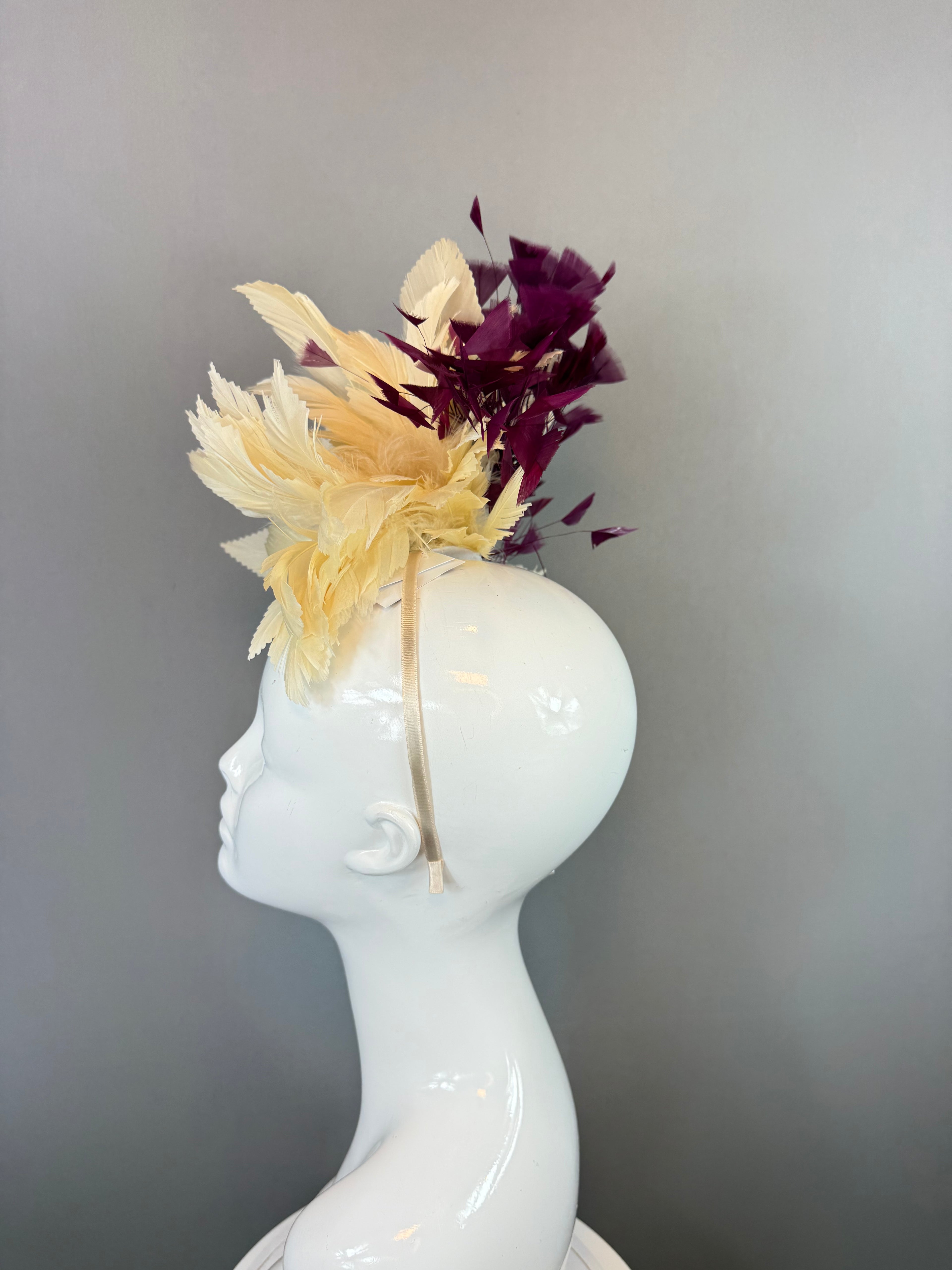 Kentucky Derby Fascinator Hat | Maroon Purple and Ivory Feather Headpiece | Derbyologie