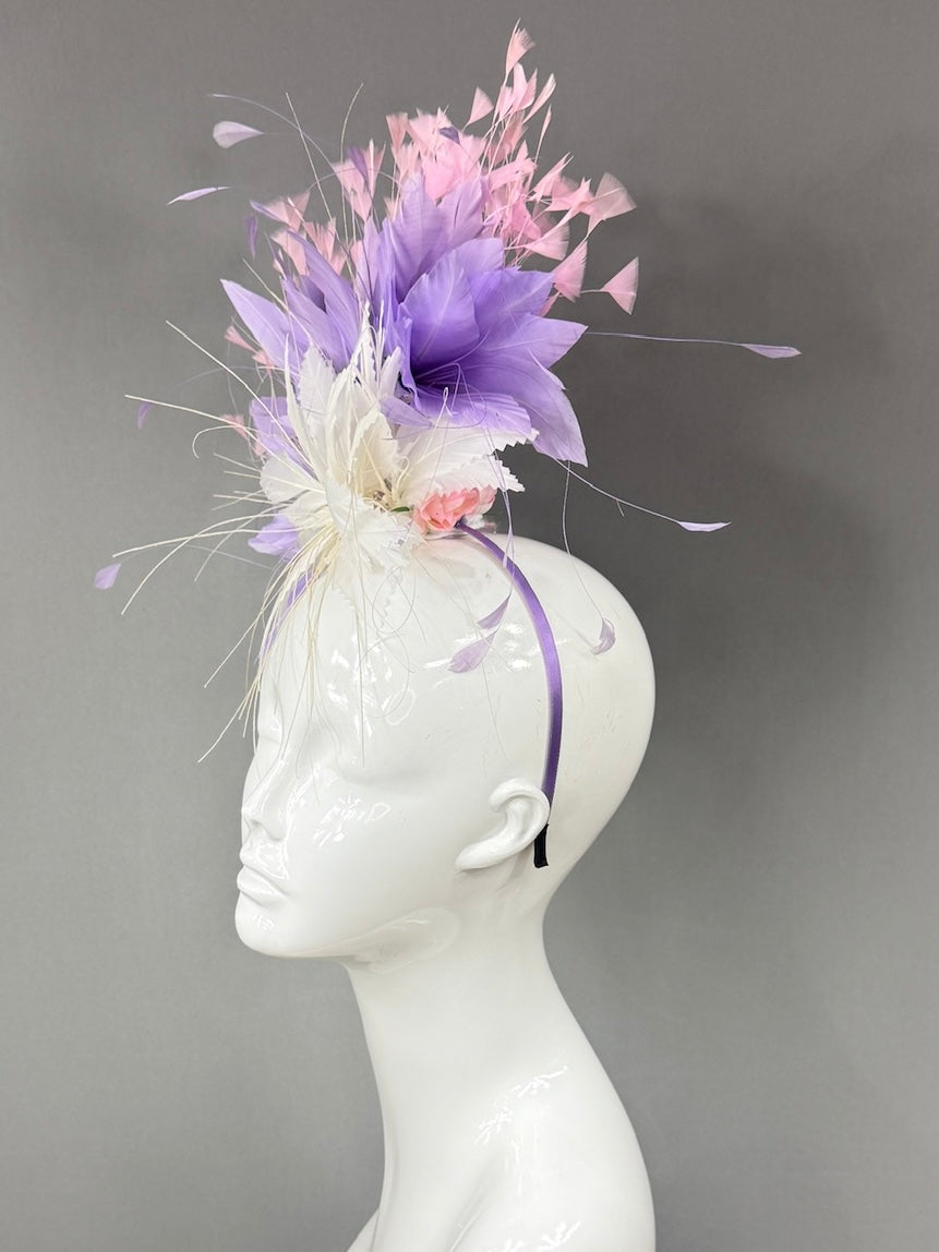 Kentucky Derby Fascinator Hat |White purple and pink feathered Headpiece | Derbyologie