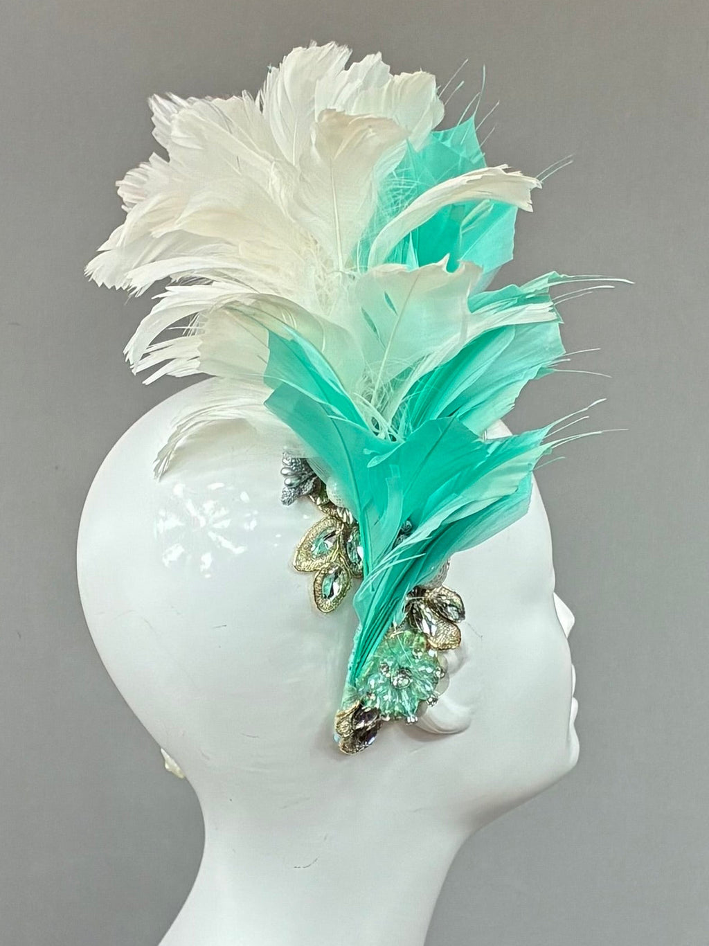 Turquoise and white jeweled Kentucky Derby Fascinator, derby hat (GOLD LINE)