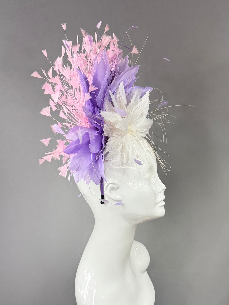 Kentucky Derby Fascinator Hat |White purple and pink feathered Headpiece | Derbyologie