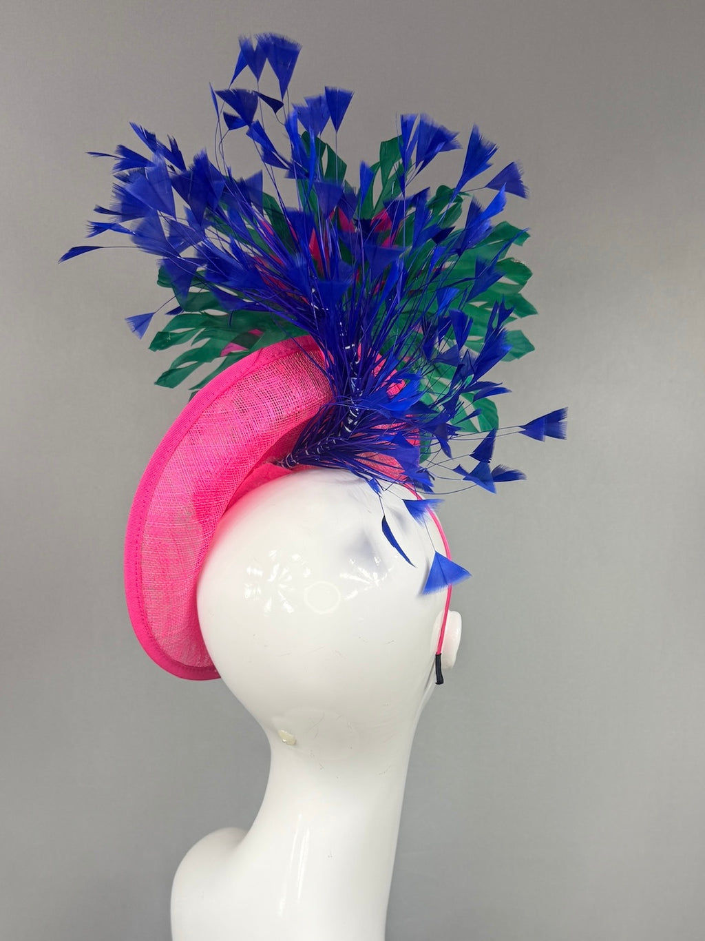 Kentucky Derby Fascinator Hat |  Pink and green feathered dahlia with blue feathers Headpiece | Derbyologie