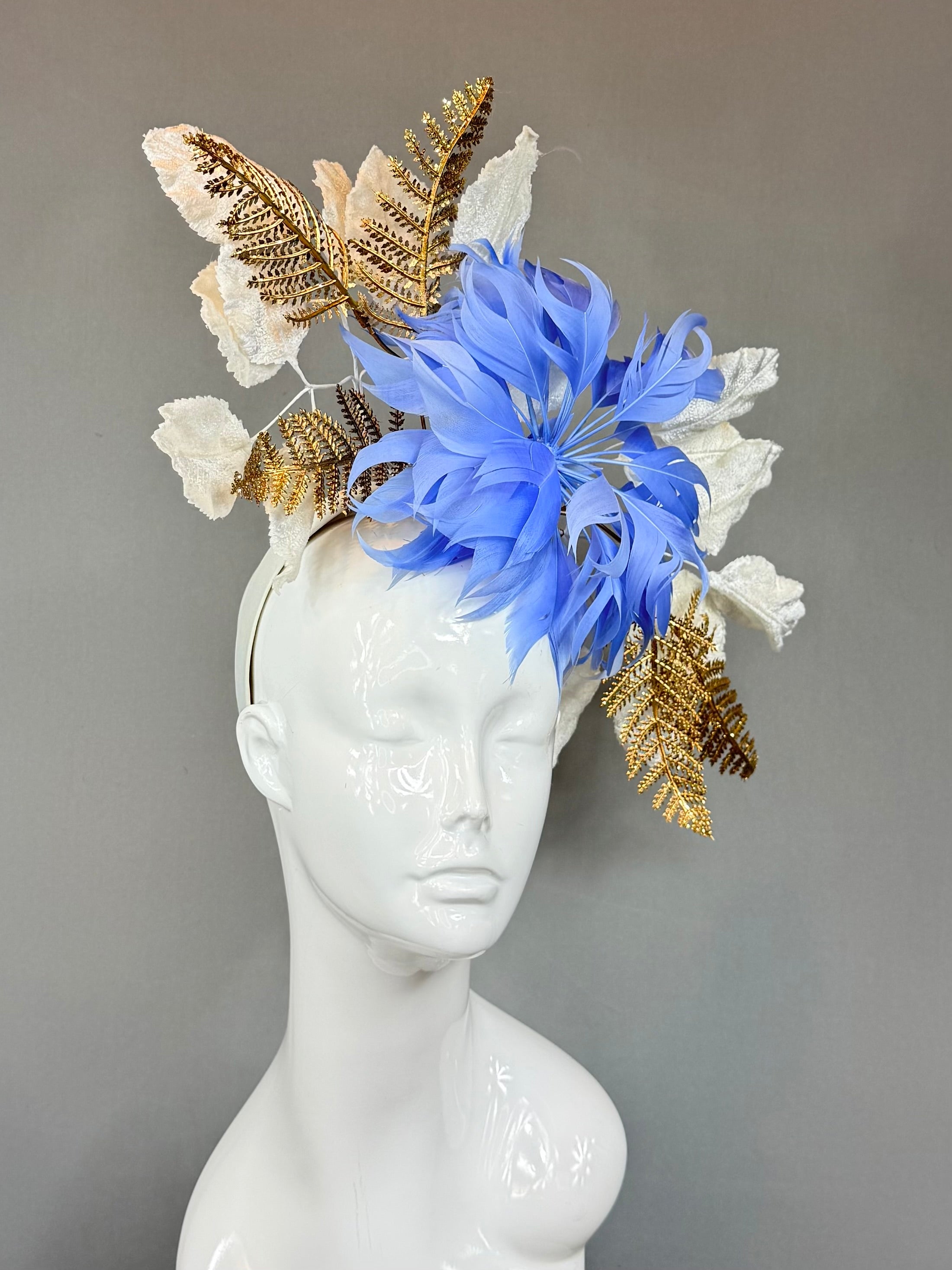 Kentucky Derby Fascinator Hat | Blue and Gold Feather Flower Headpiece | Derbyologie