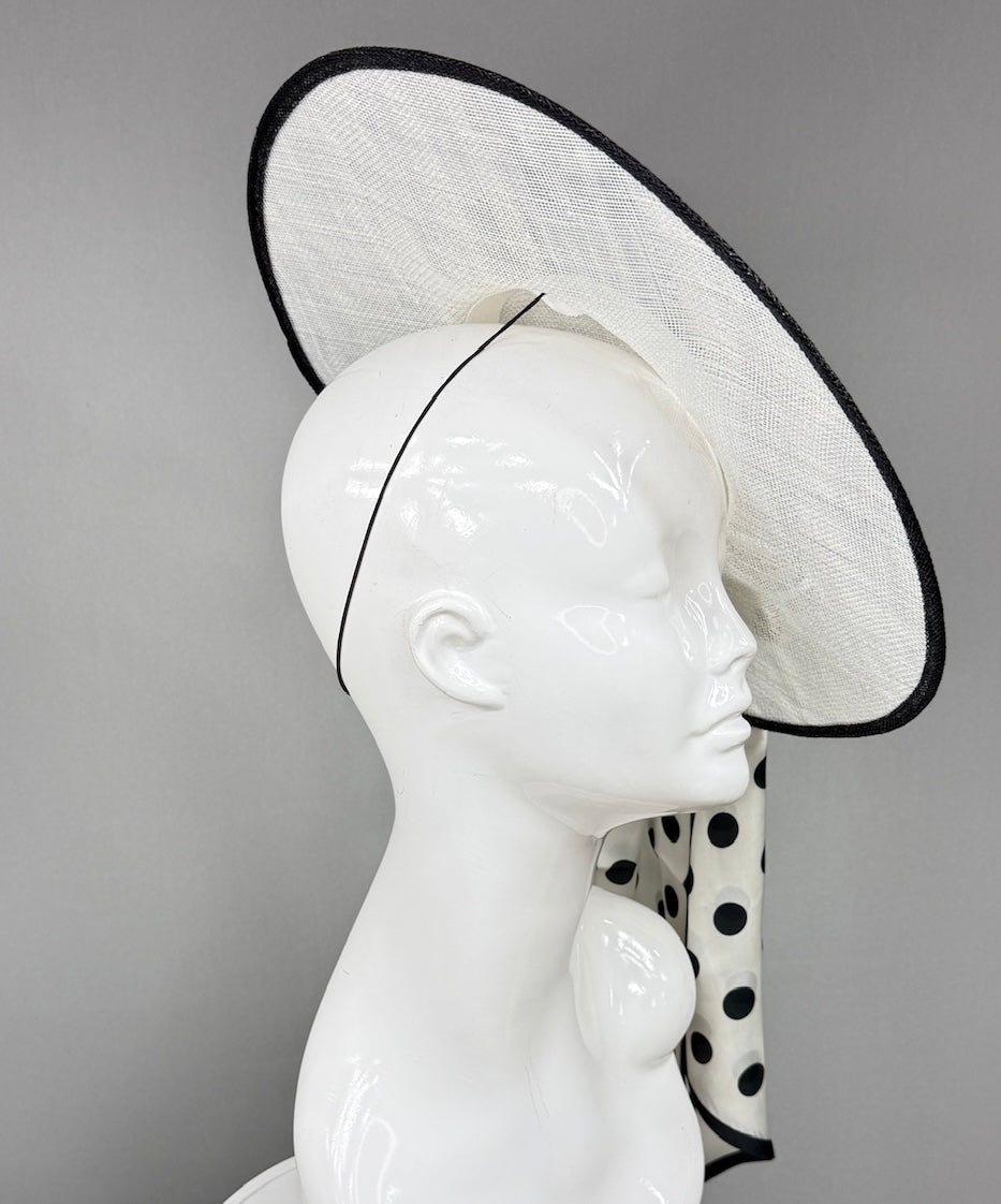 Kentucky Derby Fascinator Hat | White mat with black polka dot bow Headpiece | Derbyologie