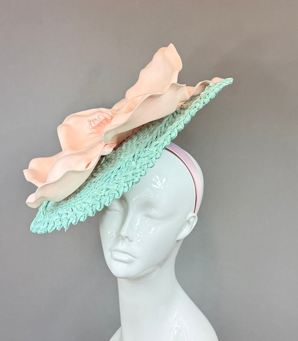 Kentucky Derby Fascinator Hat | Turquoise & Peach Pink Headpiece | Derbyologie