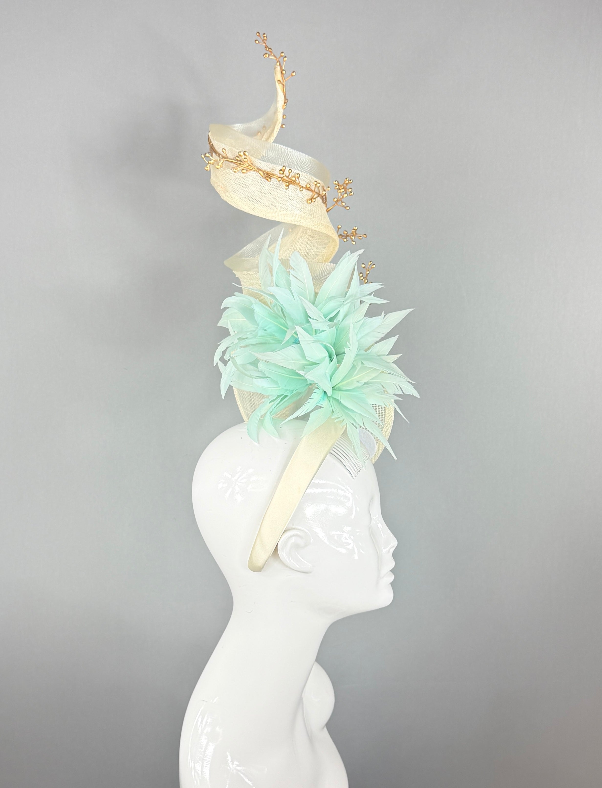 Kentucky Derby Fascinator Hat | Cream, gold, mint Headband Hat | Derbyologie