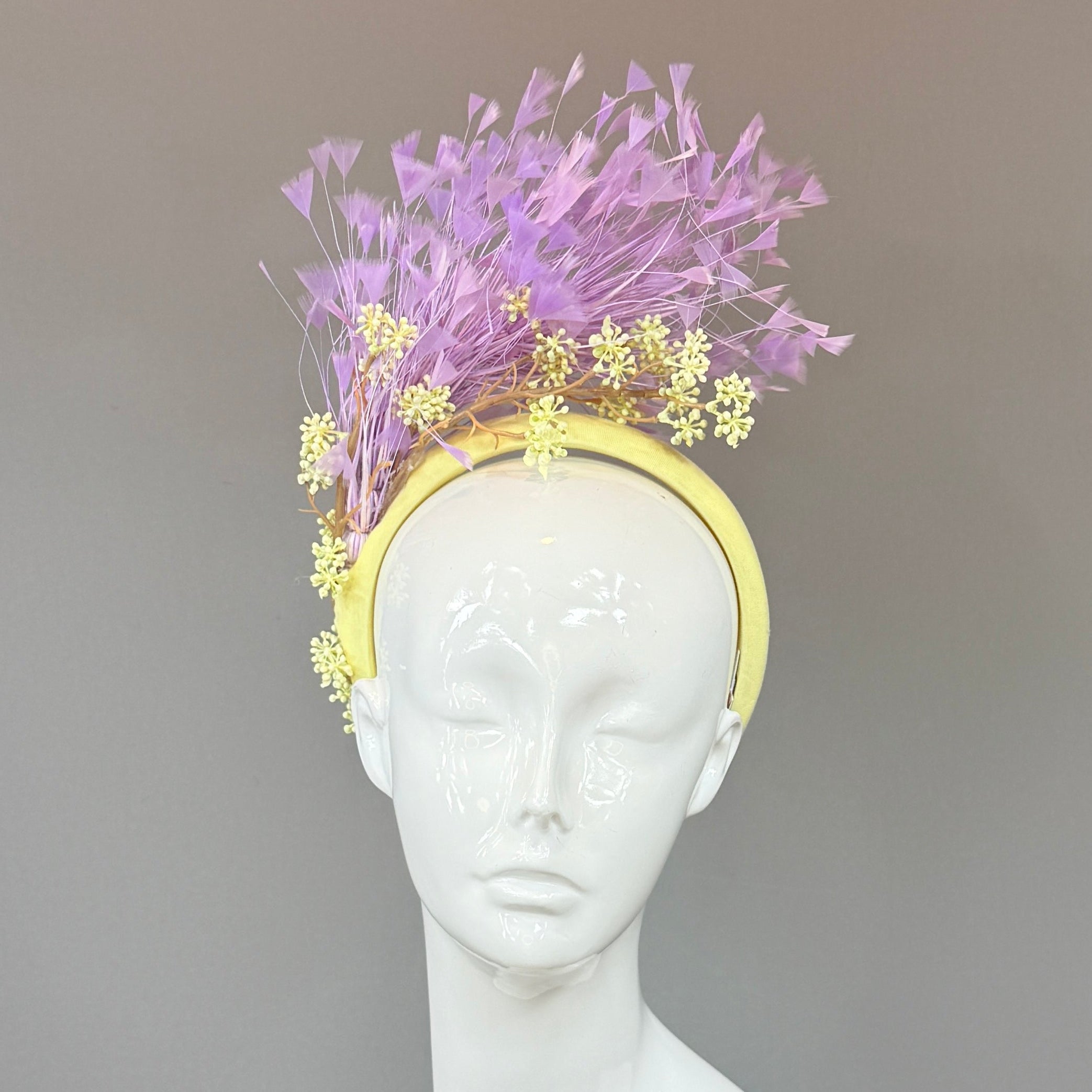 Kentucky Derby Fascinator Hat | Purple and Yellow feather headpiece | Derbyologie
