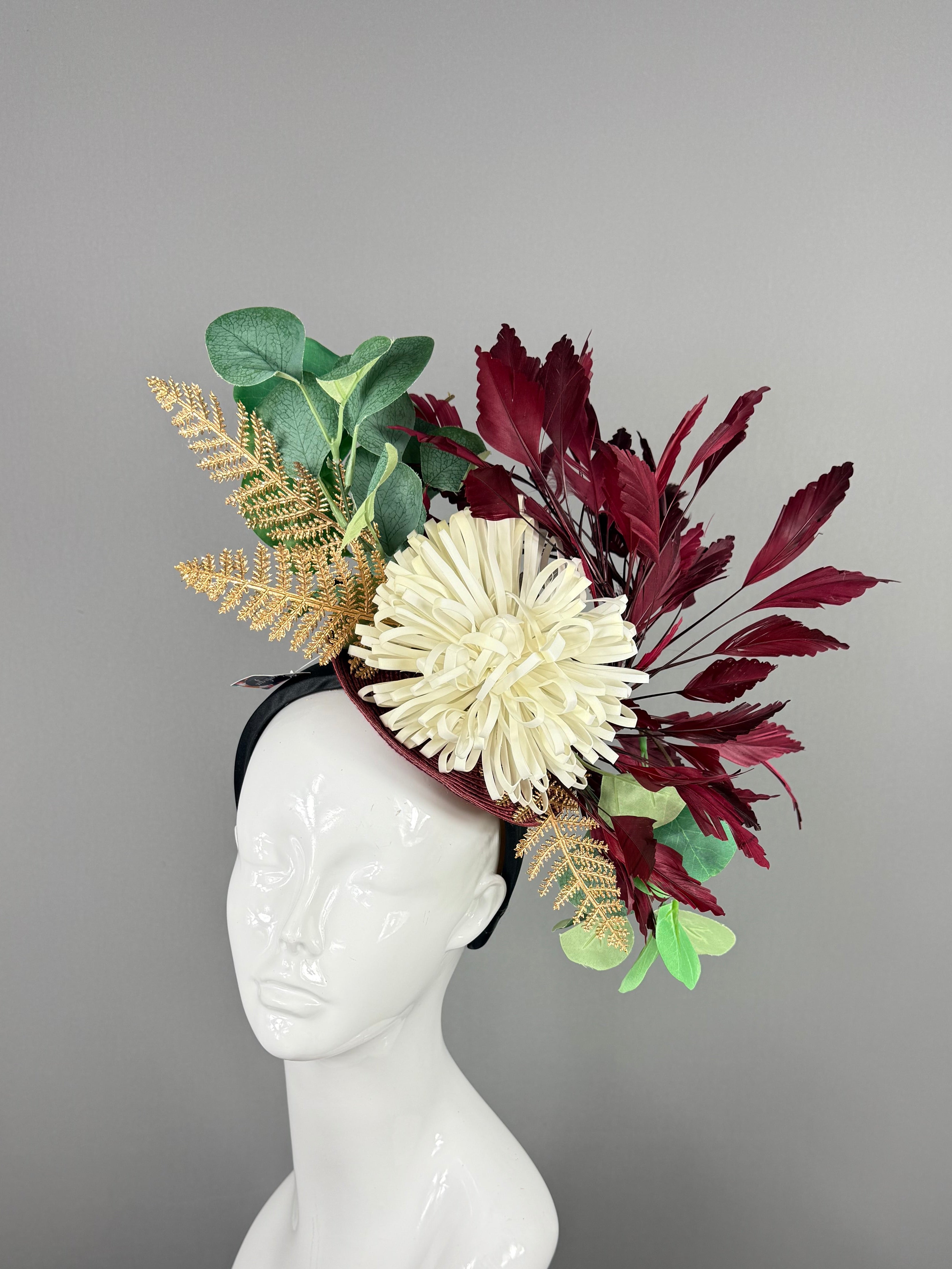 Kentucky Derby Fascinator Hat | Burgundy and Gold Headpiece | Derbyologie